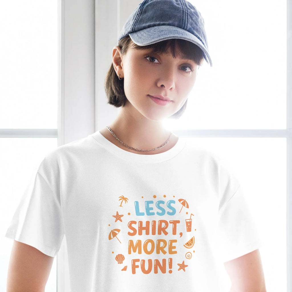 Women’s Crop Top | Less Shirt More Fun! Crop Tops AwRans Clothing womens-crop-top-white-front-67c0d241e4cfd