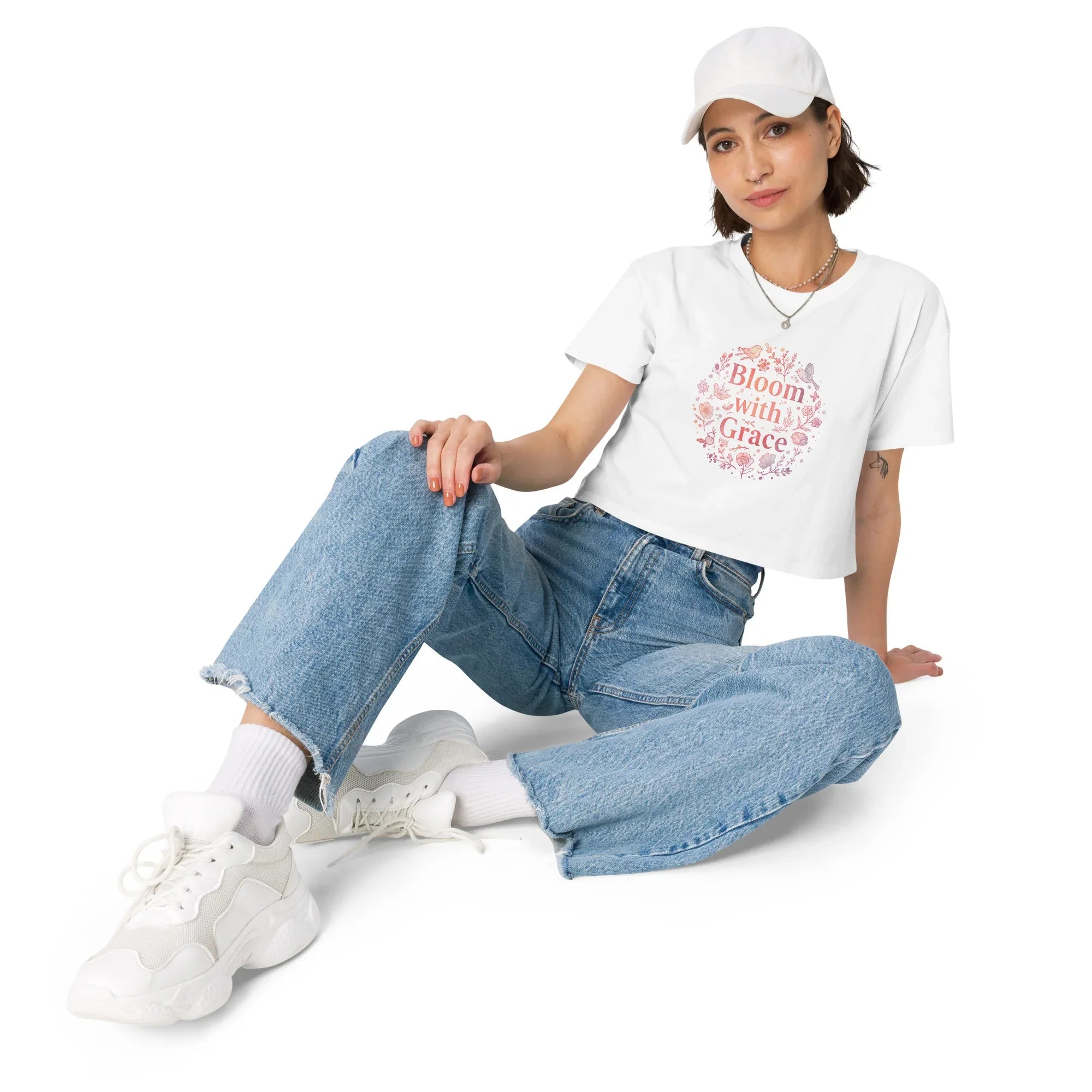 Women’s Crop Top | Bloom With Grace Crop Tops AwRans Clothing womens-crop-top-white-front-67c0d57f9968c