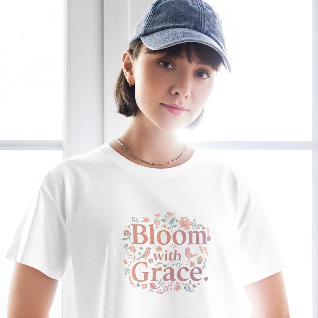 Women’s Crop Top | Bloom With Grace Crop Tops AwRans Clothing womens-crop-top-white-front-67c0d6760970c
