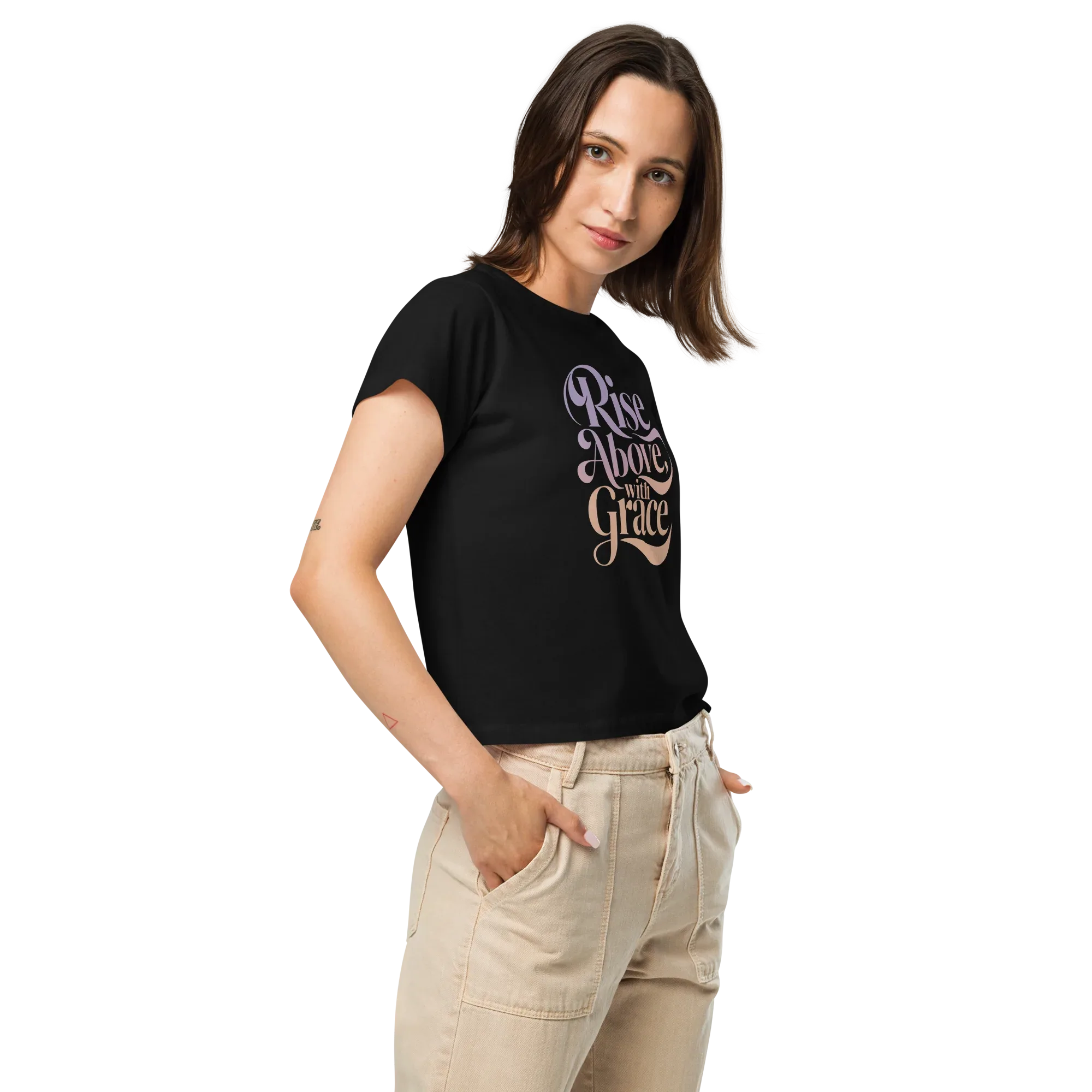 Women’s High-Waisted T-Shirt | Rise Above,with Grace - AwRans Clothing