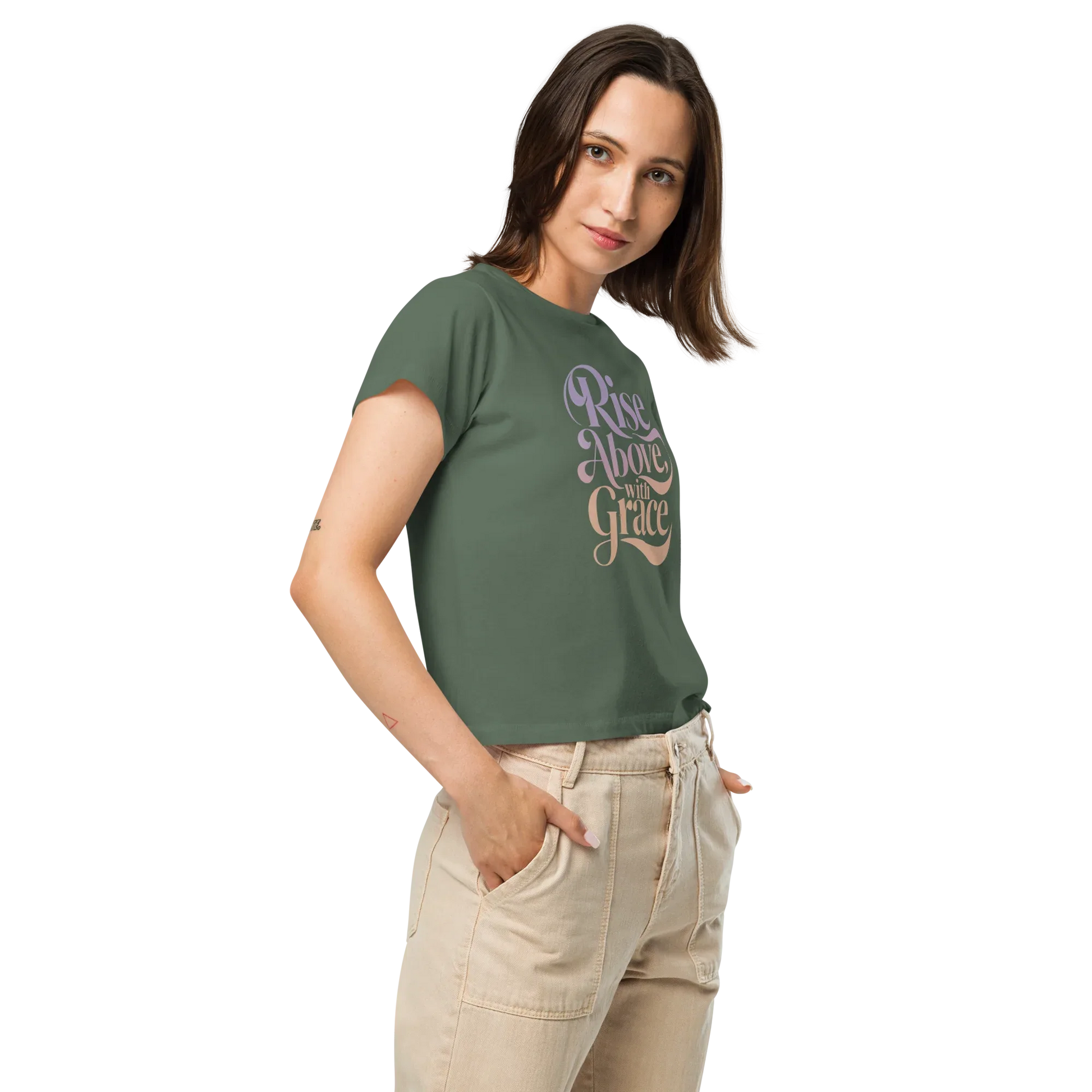 Women’s High-Waisted T-Shirt | Rise Above,with Grace - AwRans Clothing