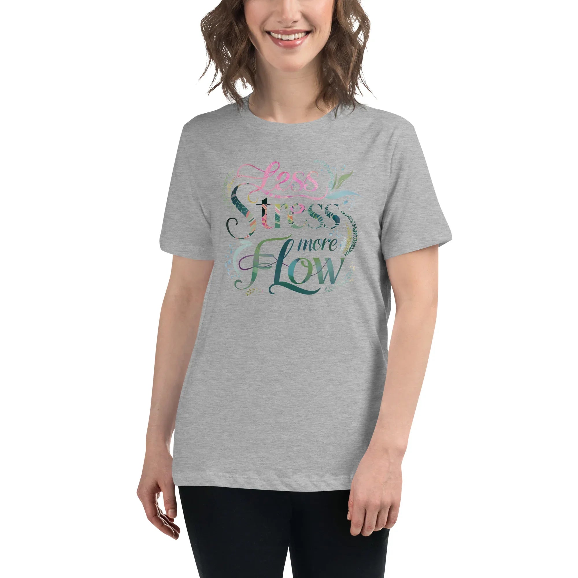 Women's Relaxed T-Shirt | Less Stress More Flow Athletic Heather Women's t-shirt AwRans Clothing womens-relaxed-t-shirt-athletic-heather-front-67a40c21249b1