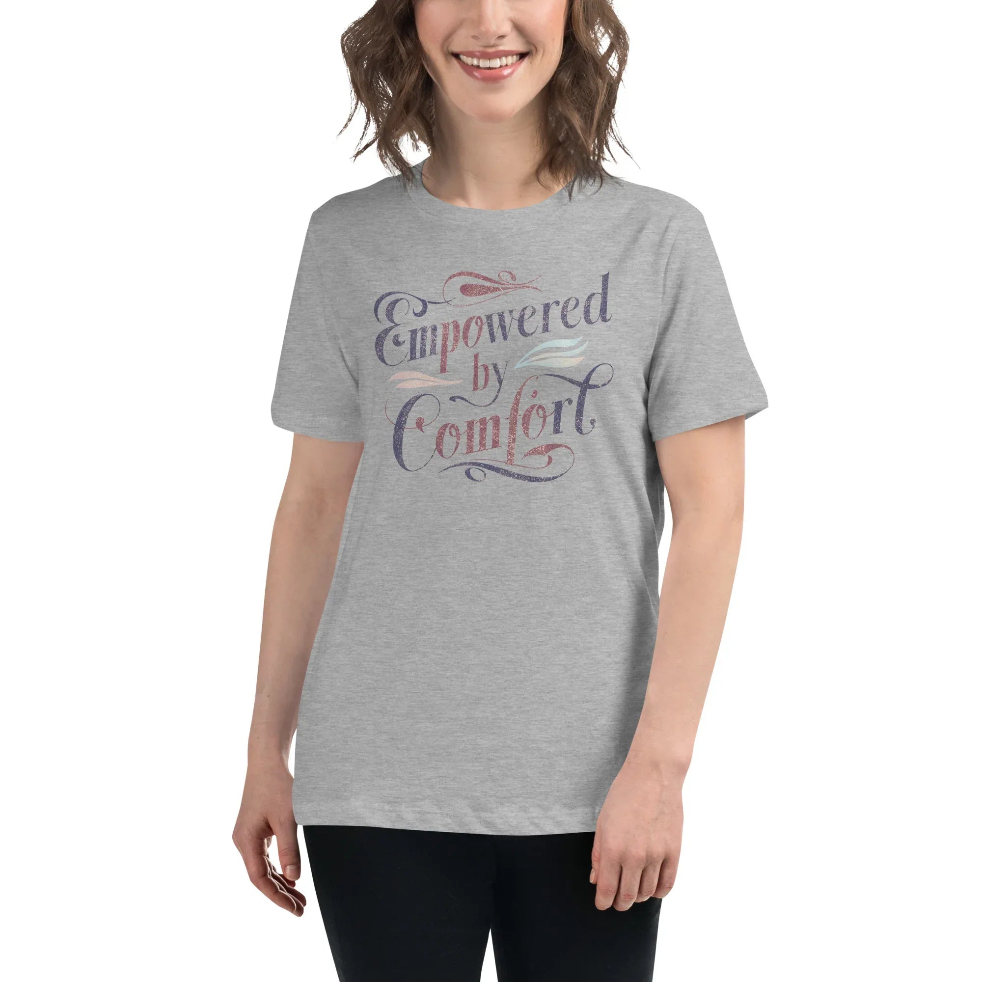 Women's Relaxed T-Shirt | Empowered By Comfort Athletic Heather Women's t-shirt AwRans Clothing womens-relaxed-t-shirt-athletic-heather-front-67a40e9da327a