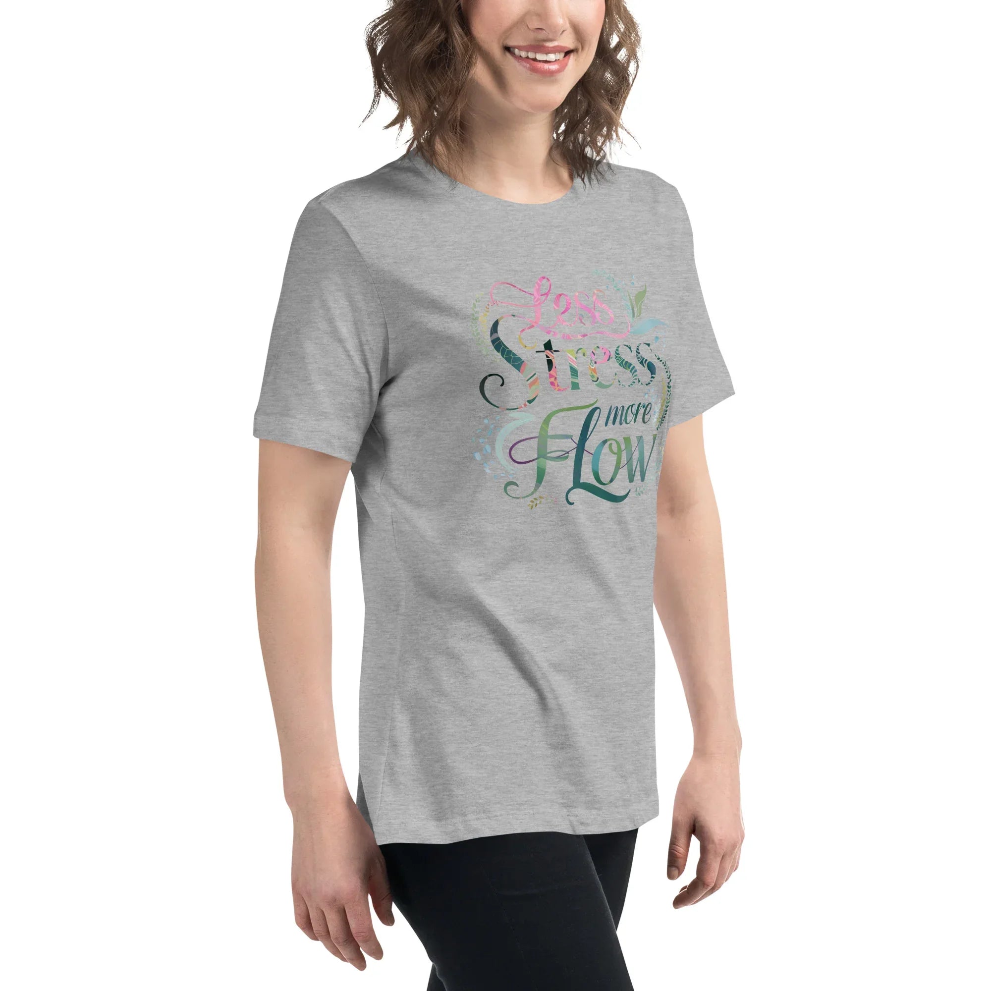 Women's Relaxed T-Shirt | Less Stress More Flow Women's t-shirt AwRans Clothing womens-relaxed-t-shirt-athletic-heather-right-front-67a40c2127cd1