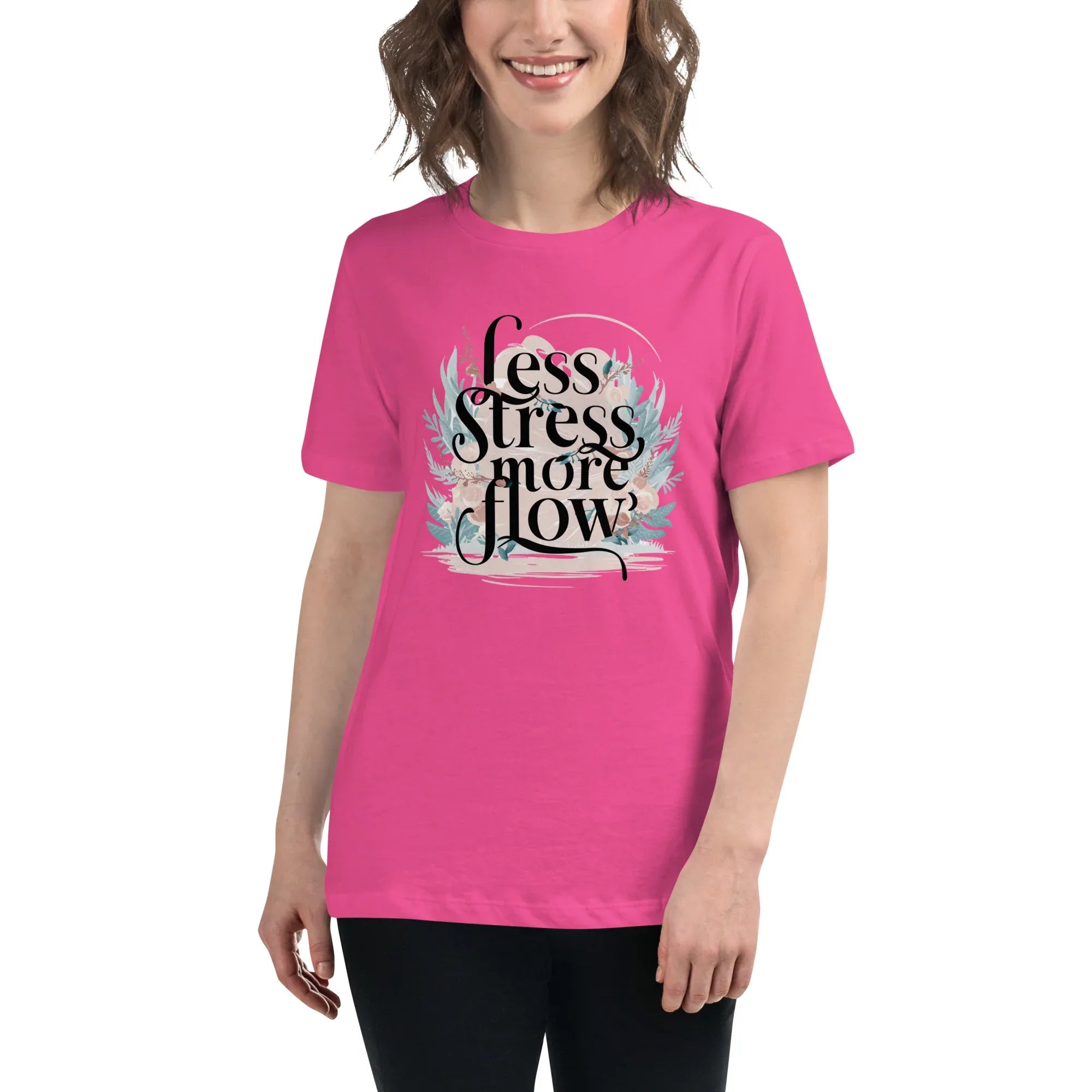 Women's Relaxed T-Shirt | Less Stress More Flow Berry Women's t-shirt AwRans Clothing womens-relaxed-t-shirt-berry-front-67a40a8aea53c