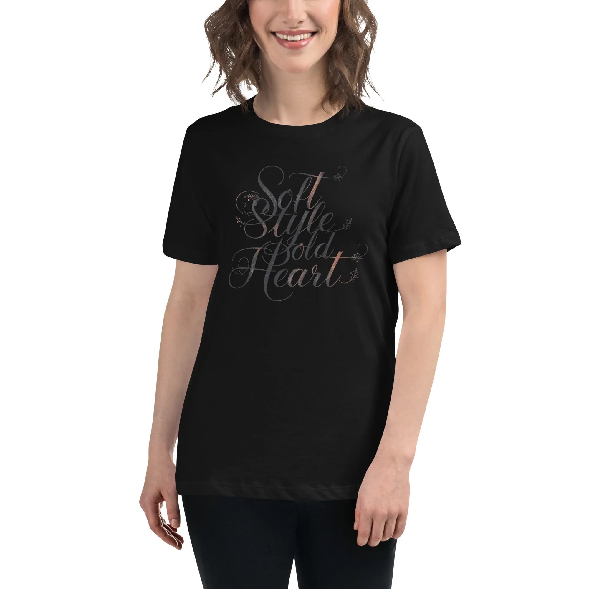 Women's Relaxed T-Shirt | Soft Style Heart Black Women's t-shirt AwRans Clothing womens-relaxed-t-shirt-black-front-67a40d0354088