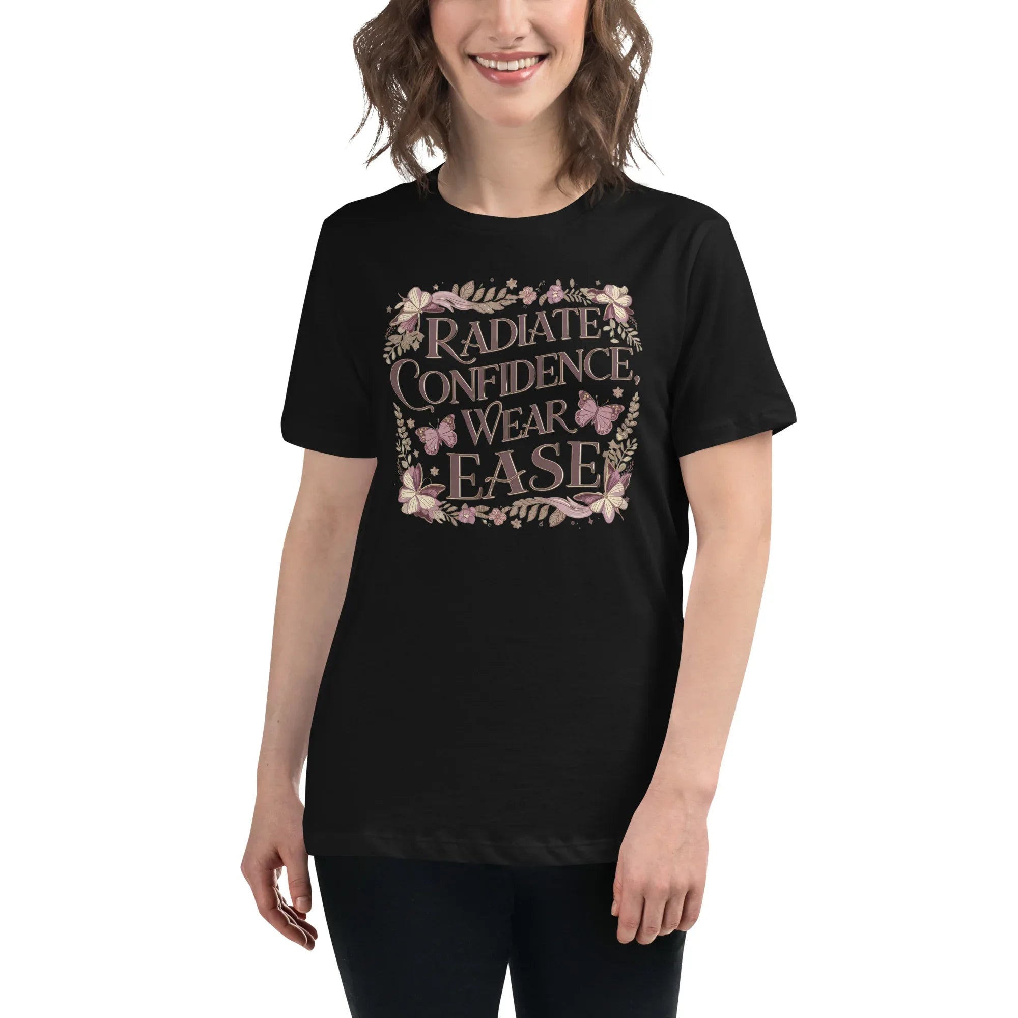 Women's Relaxed T-Shirt | Radiate Confidence Ease Black Women's t-shirt AwRans Clothing womens-relaxed-t-shirt-black-front-67a40ed84b99b