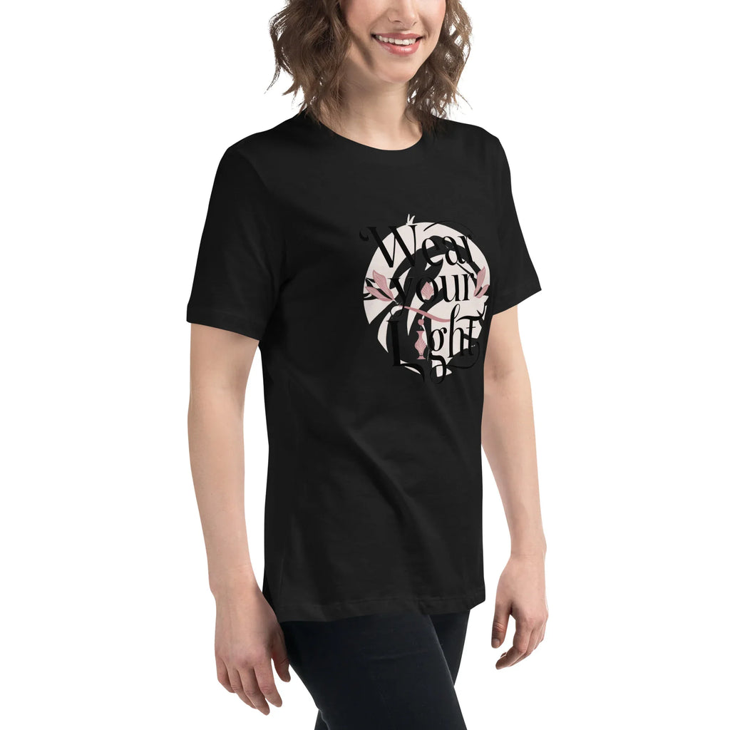 Women's Relaxed T-Shirt | Wear Your Light Women's t-shirt AwRans Clothing womens-relaxed-t-shirt-black-right-front-67a40a2706a6a