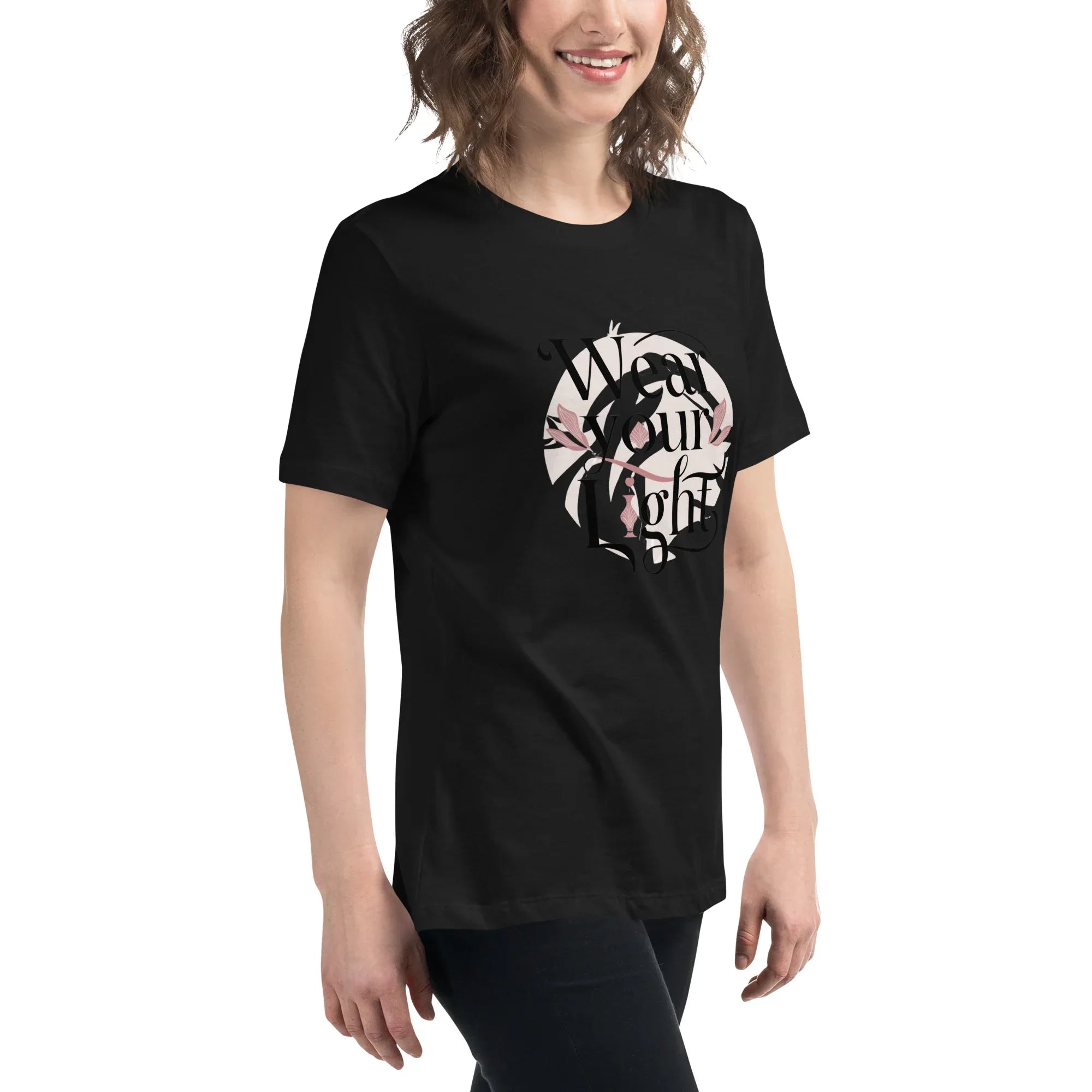 Women's Relaxed T-Shirt | Wear Your Light Women's t-shirt AwRans Clothing womens-relaxed-t-shirt-black-right-front-67a40a2706a6a