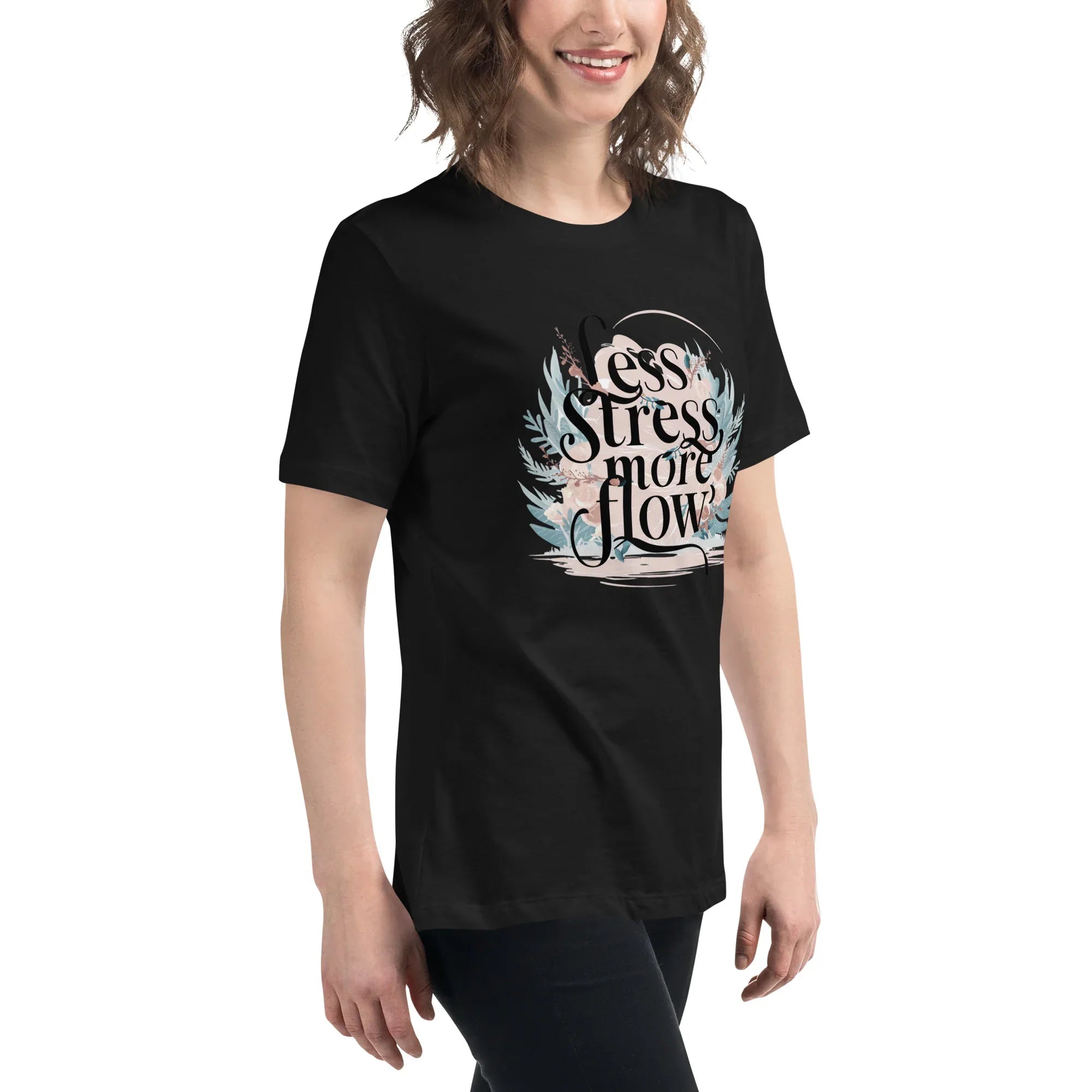 Women's Relaxed T-Shirt | Less Stress More Flow Women's t-shirt AwRans Clothing womens-relaxed-t-shirt-black-right-front-67a40a8adb1f9