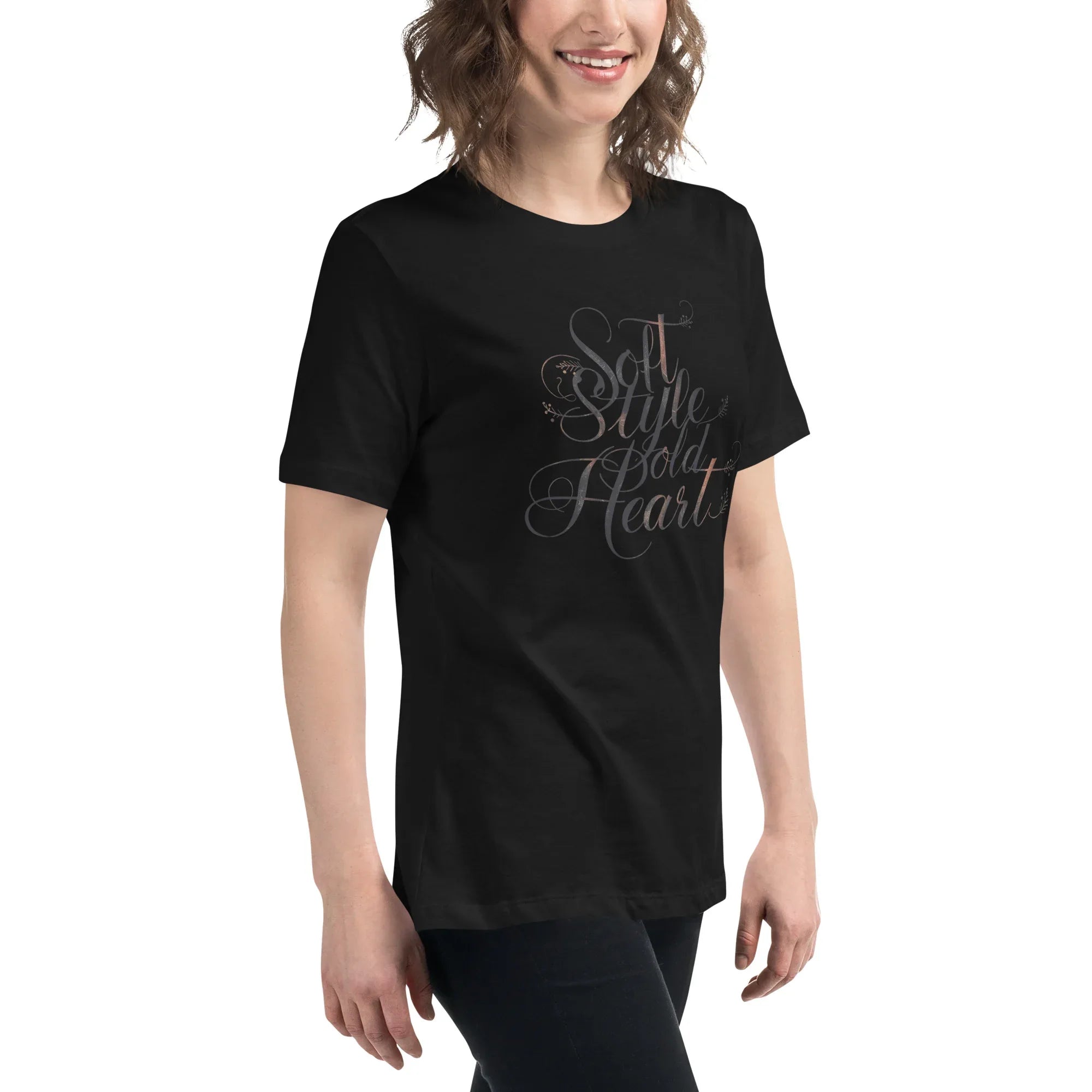 Women's Relaxed T-Shirt | Soft Style Heart Women's t-shirt AwRans Clothing womens-relaxed-t-shirt-black-right-front-67a40d0354c15