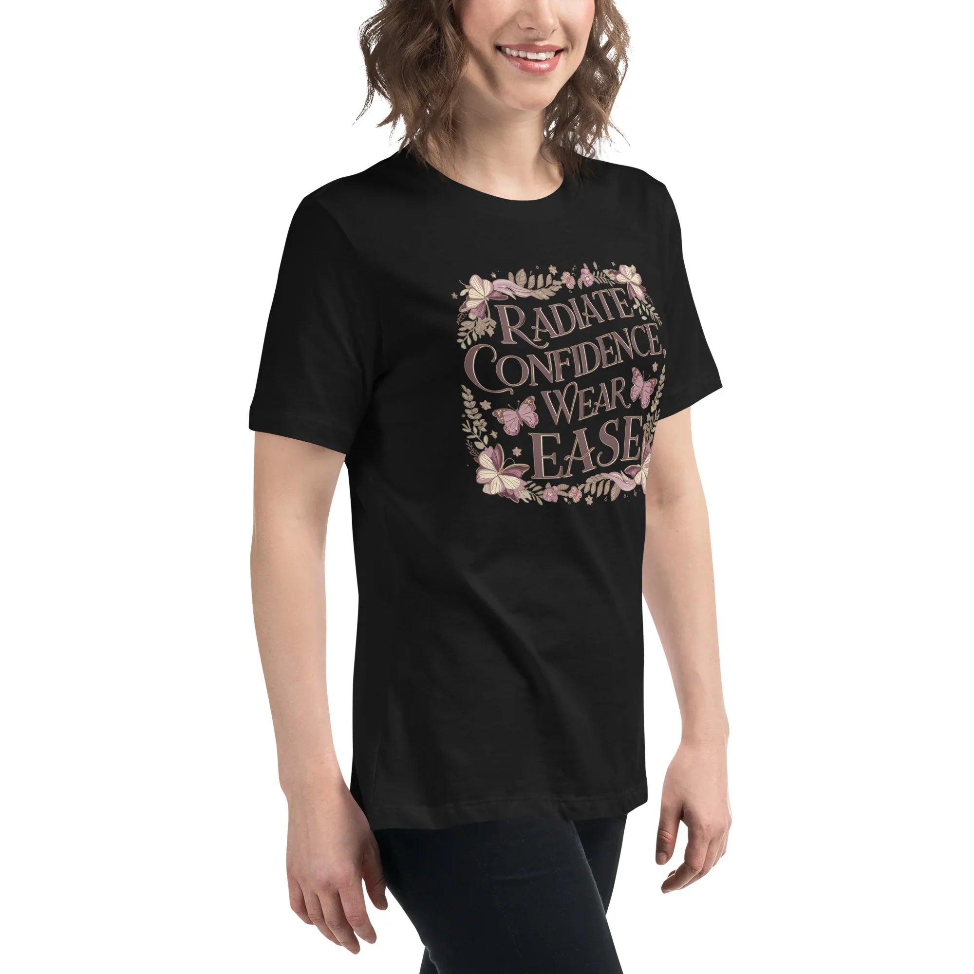 Women's Relaxed T-Shirt | Radiate Confidence Ease Women's t-shirt AwRans Clothing womens-relaxed-t-shirt-black-right-front-67a40ed84c5ef