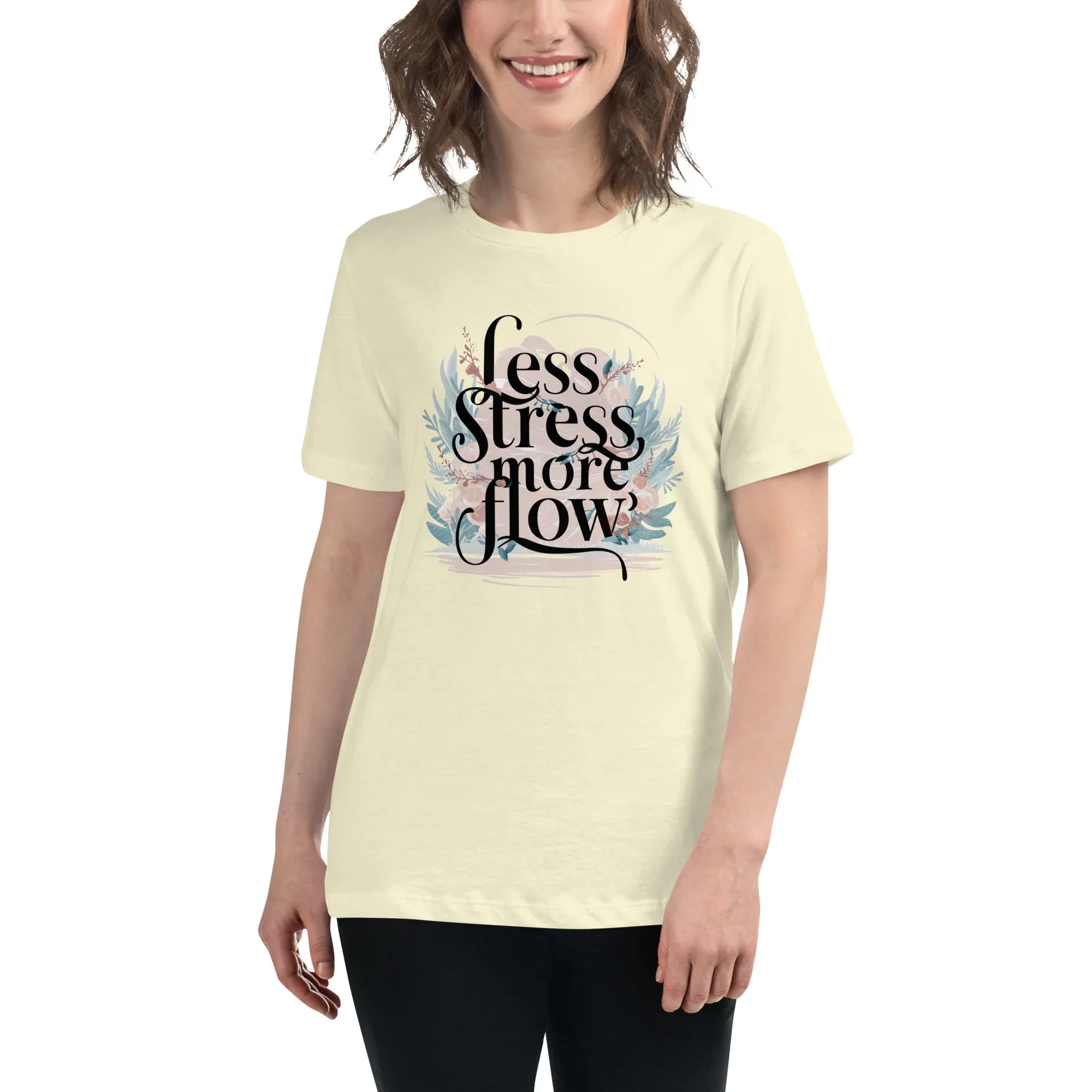 Women's Relaxed T-Shirt | Less Stress More Flow Citron Women's t-shirt AwRans Clothing womens-relaxed-t-shirt-citron-front-67a40a8b62e96