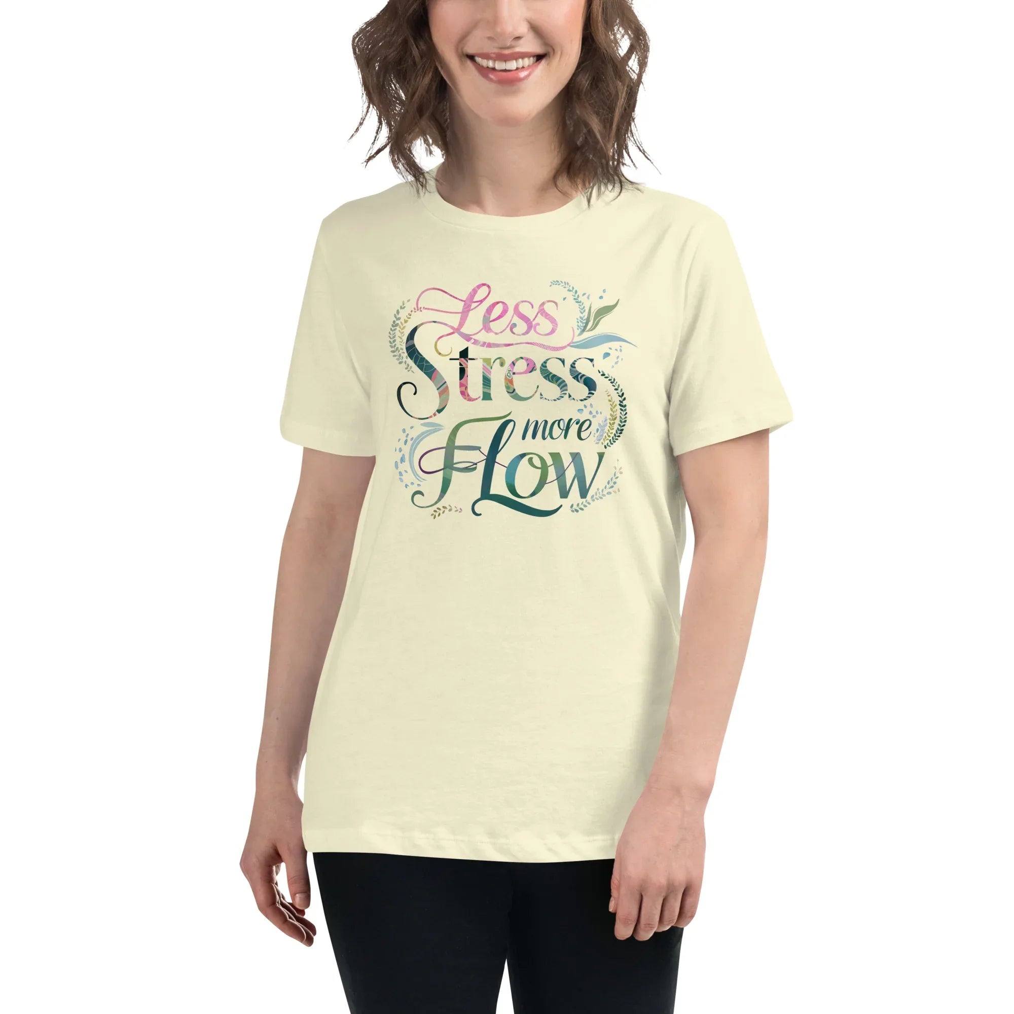 Women's Relaxed T-Shirt | Less Stress More Flow Citron Women's t-shirt AwRans Clothing womens-relaxed-t-shirt-citron-front-67a40c216cd9e
