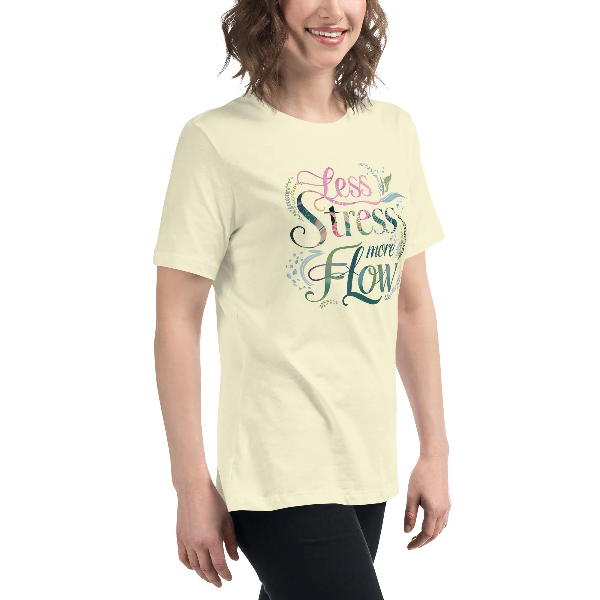 Women's Relaxed T-Shirt | Less Stress More Flow Women's t-shirt AwRans Clothing womens-relaxed-t-shirt-citron-right-front-67a40c2171baa