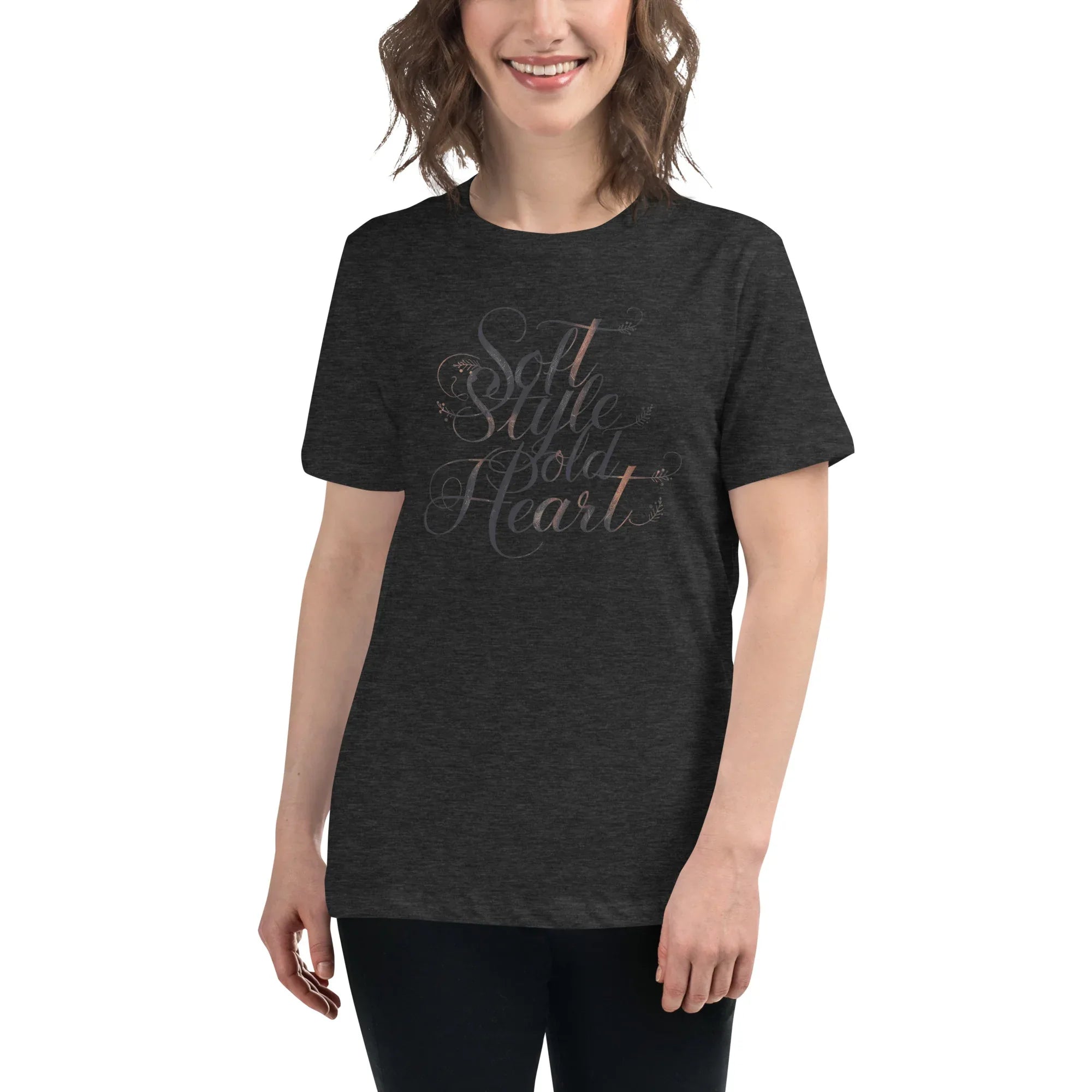 Women's Relaxed T-Shirt | Soft Style Heart Dark Grey Heather Women's t-shirt AwRans Clothing womens-relaxed-t-shirt-dark-grey-heather-front-67a40d0356670