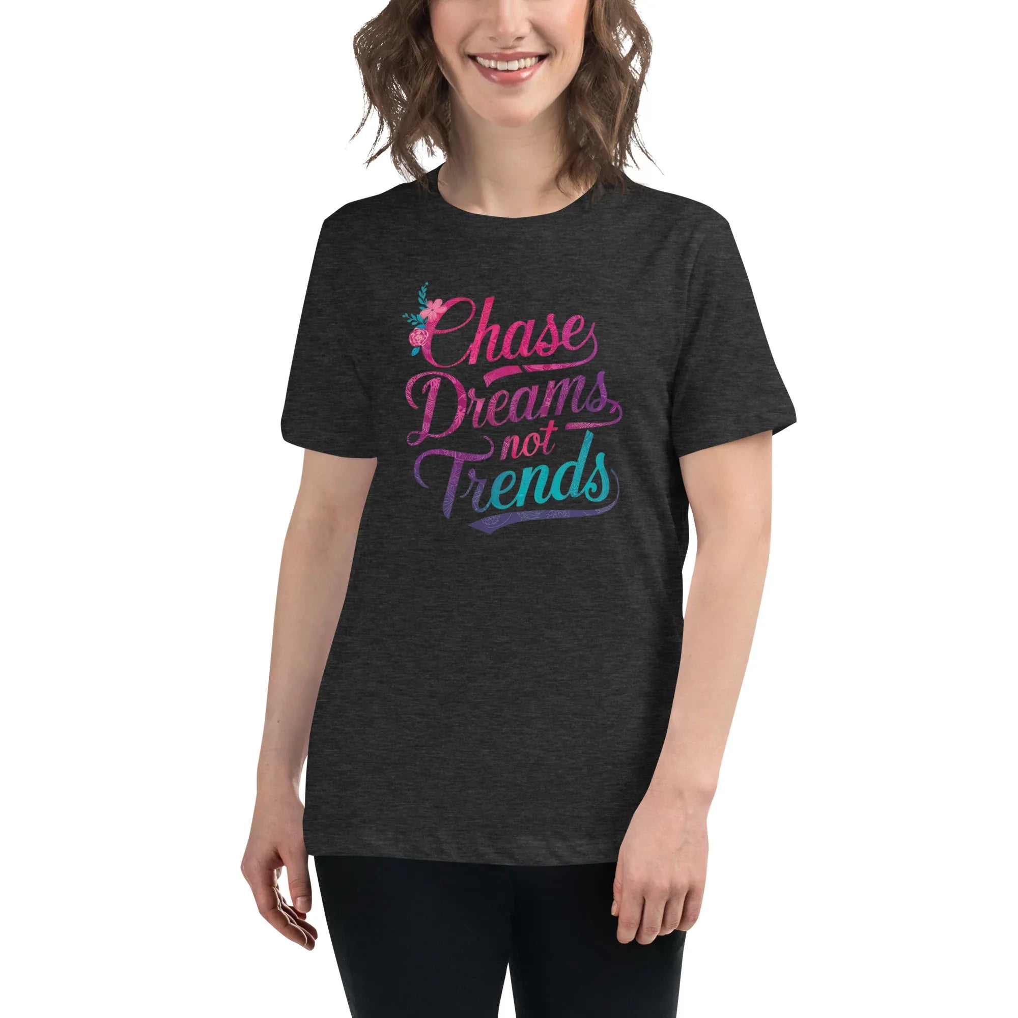 Women's Relaxed T-Shirt | Chase Dreams Not Trends Dark Grey Heather Women's t-shirt AwRans Clothing womens-relaxed-t-shirt-dark-grey-heather-front-67a40e000734c