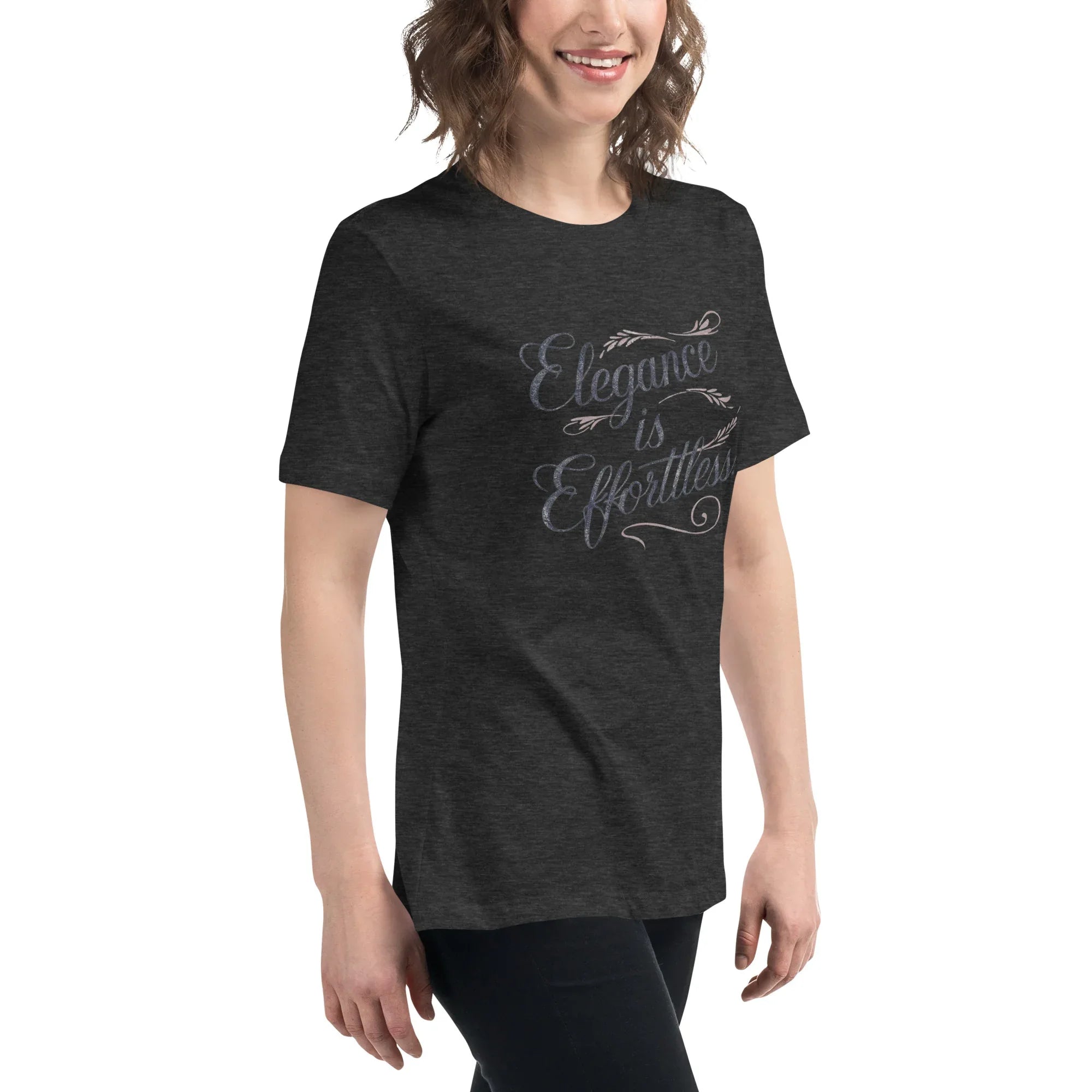 Women's Relaxed T-Shirt | Elegance Is Effortless Women's t-shirt AwRans Clothing womens-relaxed-t-shirt-dark-grey-heather-right-front-67a40dcd04fca