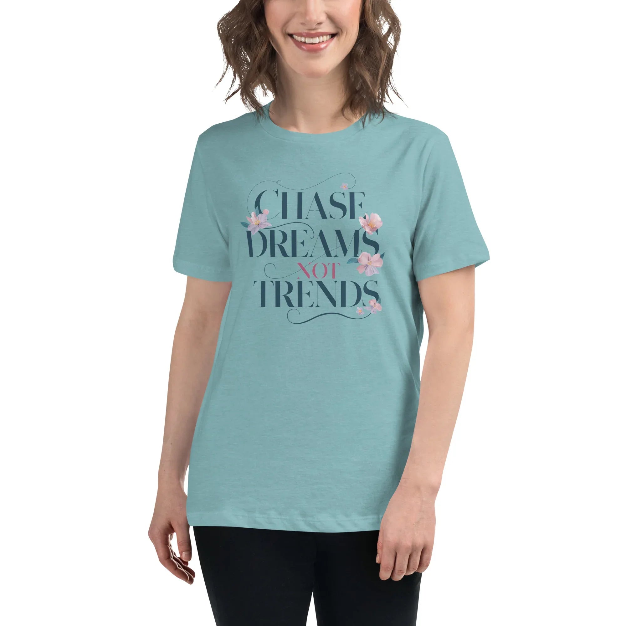 Women's Relaxed T-Shirt | Chase Dreams Not Trends Heather Blue Lagoon Women's t-shirt AwRans Clothing womens-relaxed-t-shirt-heather-blue-lagoon-front-67a40bf5dc7d0