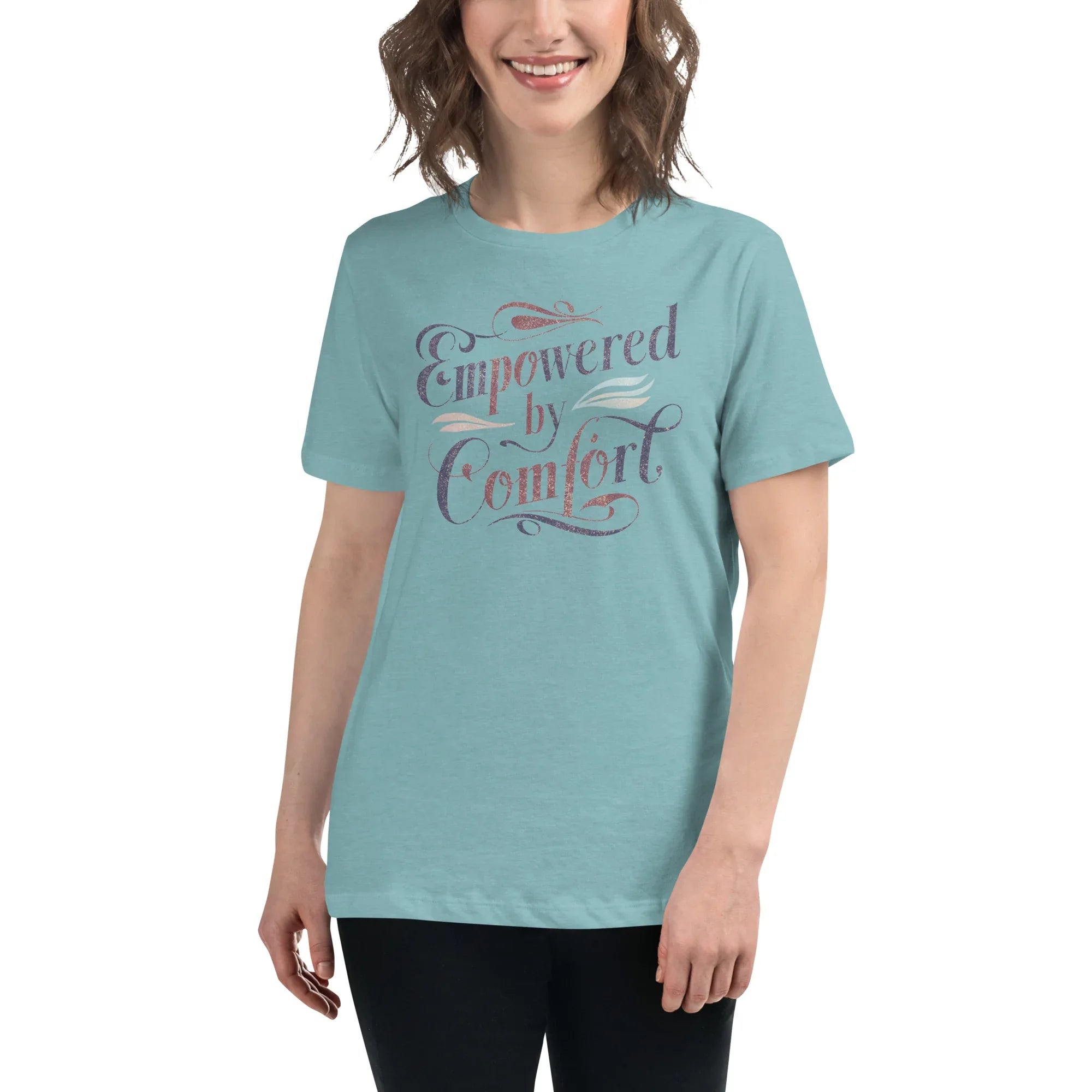 Women's Relaxed T-Shirt | Empowered By Comfort Heather Blue Lagoon Women's t-shirt AwRans Clothing womens-relaxed-t-shirt-heather-blue-lagoon-front-67a40e9d98151