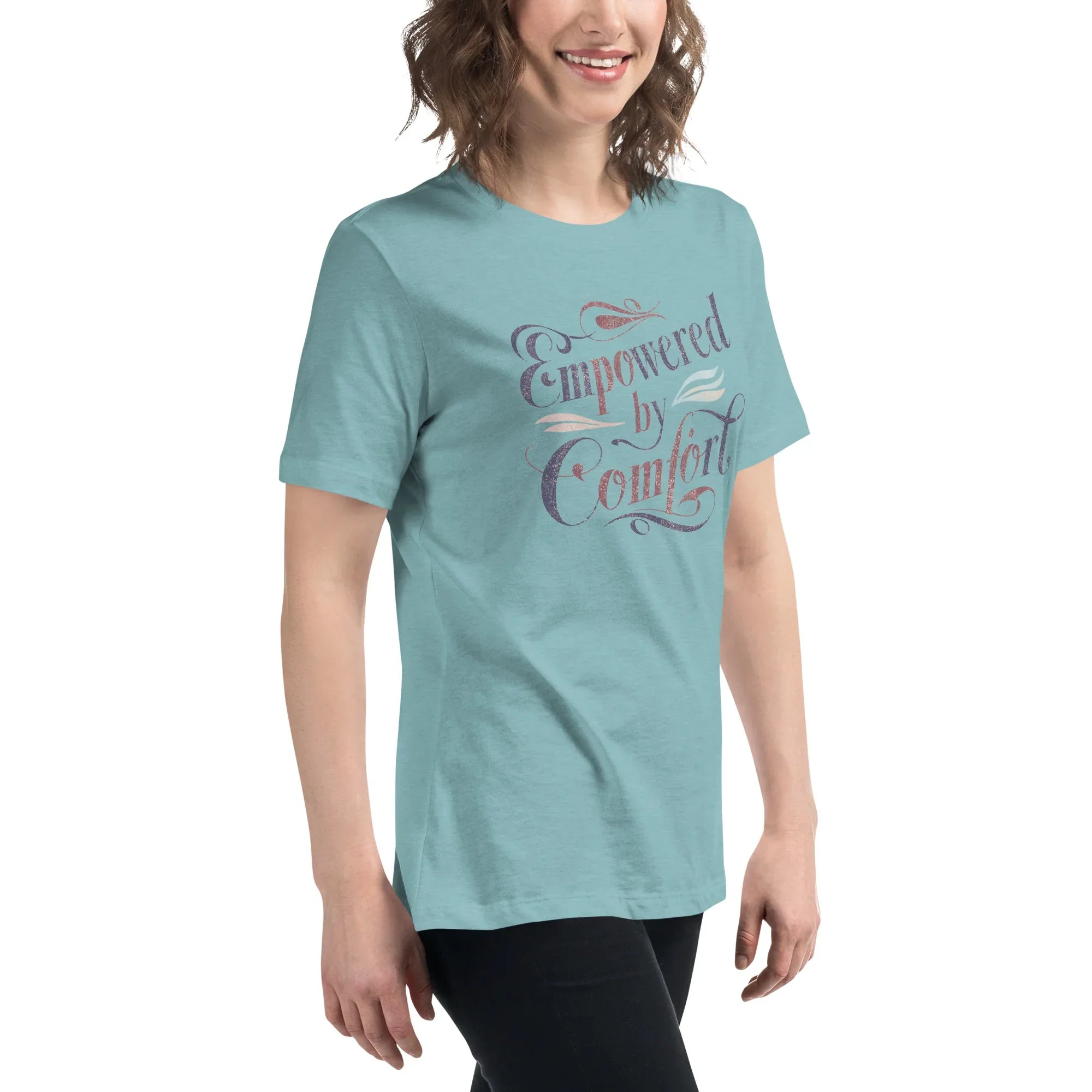 Women's Relaxed T-Shirt | Empowered By Comfort Women's t-shirt AwRans Clothing womens-relaxed-t-shirt-heather-blue-lagoon-right-front-67a40e9d9af64