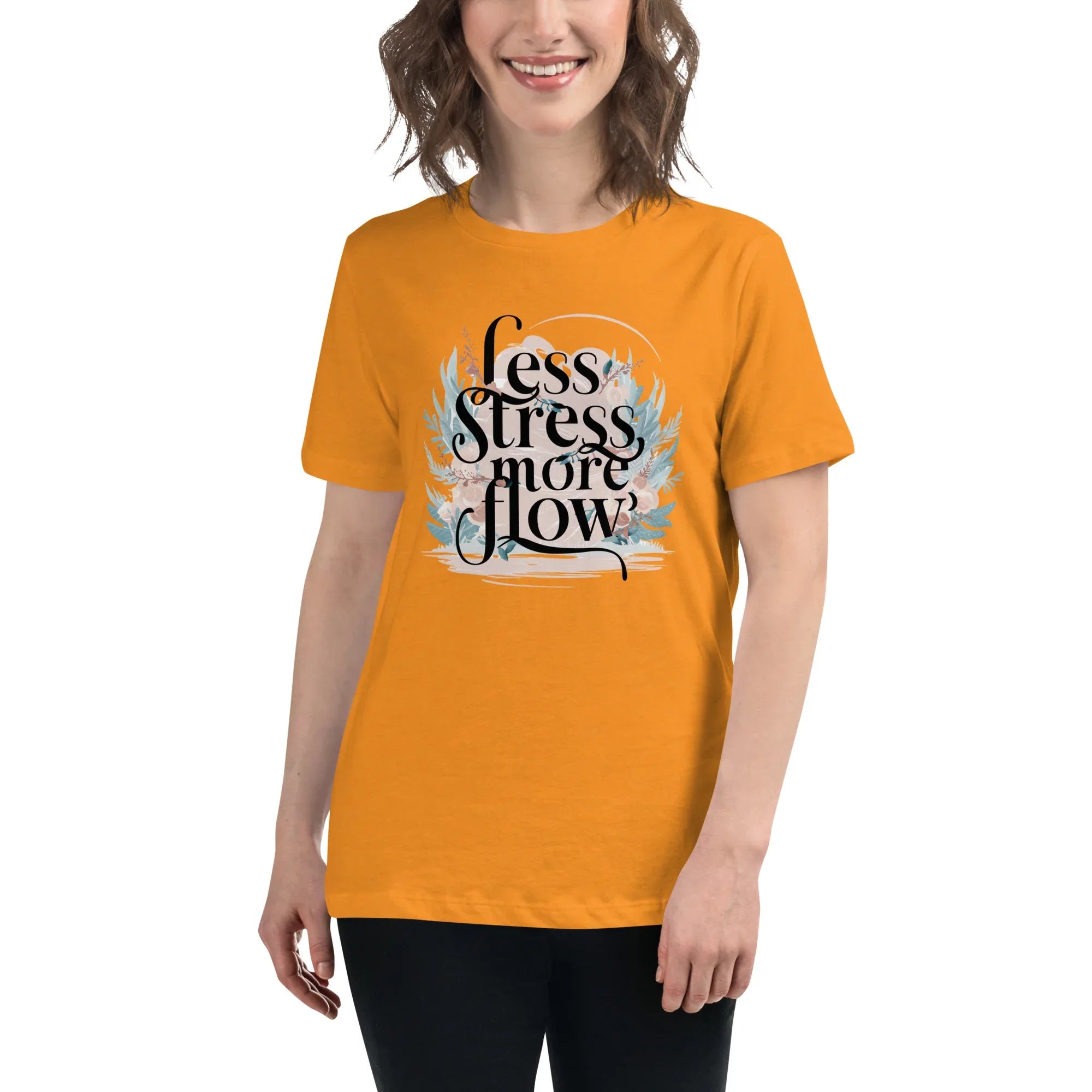 Women's Relaxed T-Shirt | Less Stress More Flow Heather Marmalade Women's t-shirt AwRans Clothing womens-relaxed-t-shirt-heather-marmalade-front-67a40a8b05794