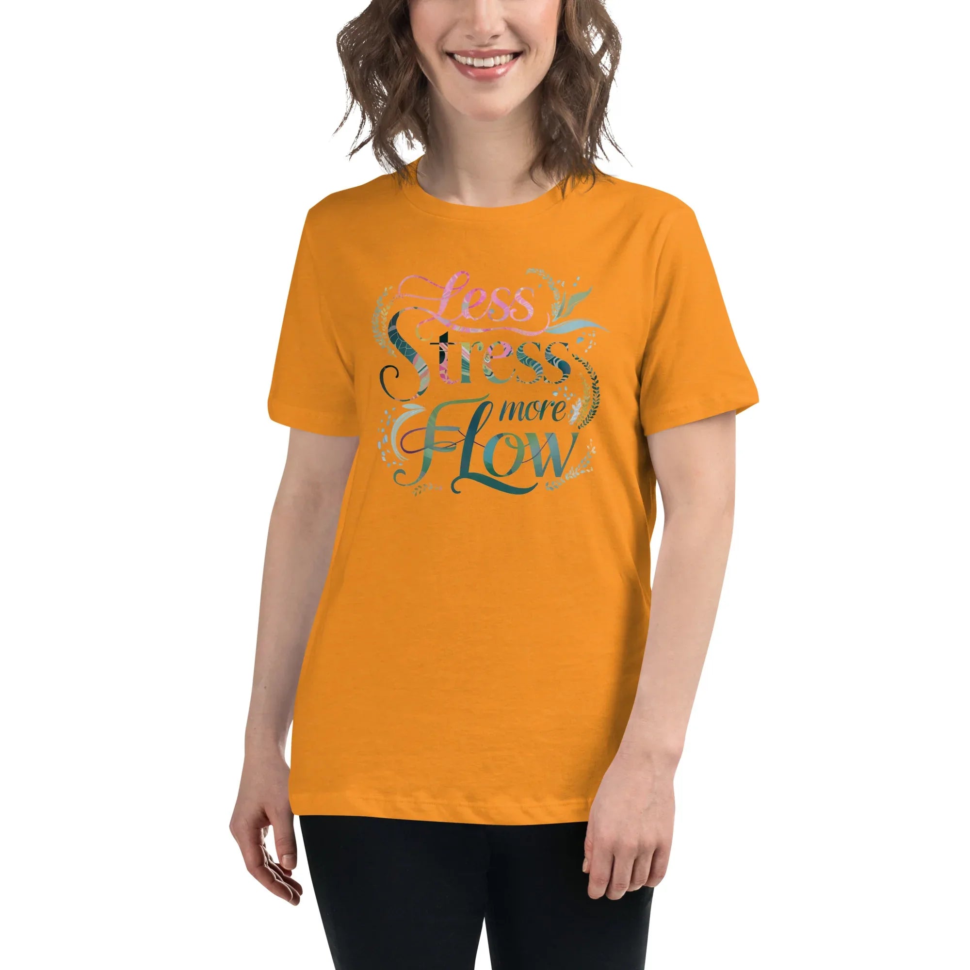 Women's Relaxed T-Shirt | Less Stress More Flow Heather Marmalade Women's t-shirt AwRans Clothing womens-relaxed-t-shirt-heather-marmalade-front-67a40c21137df