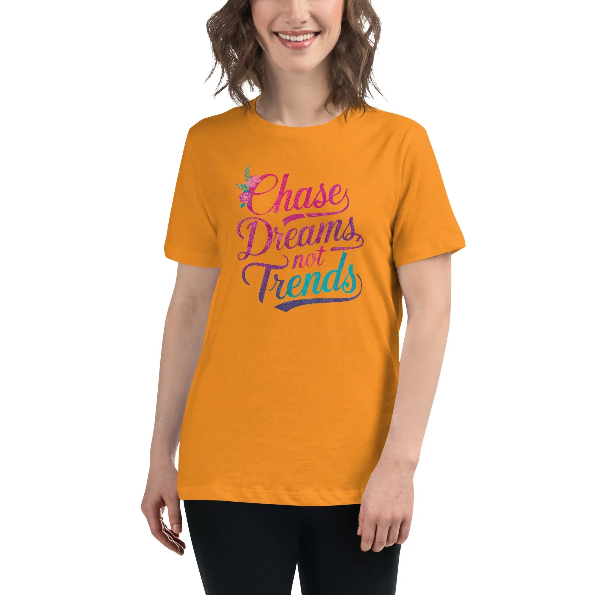 Women's Relaxed T-Shirt | Chase Dreams Not Trends Heather Marmalade Women's t-shirt AwRans Clothing womens-relaxed-t-shirt-heather-marmalade-front-67a40e00224e6