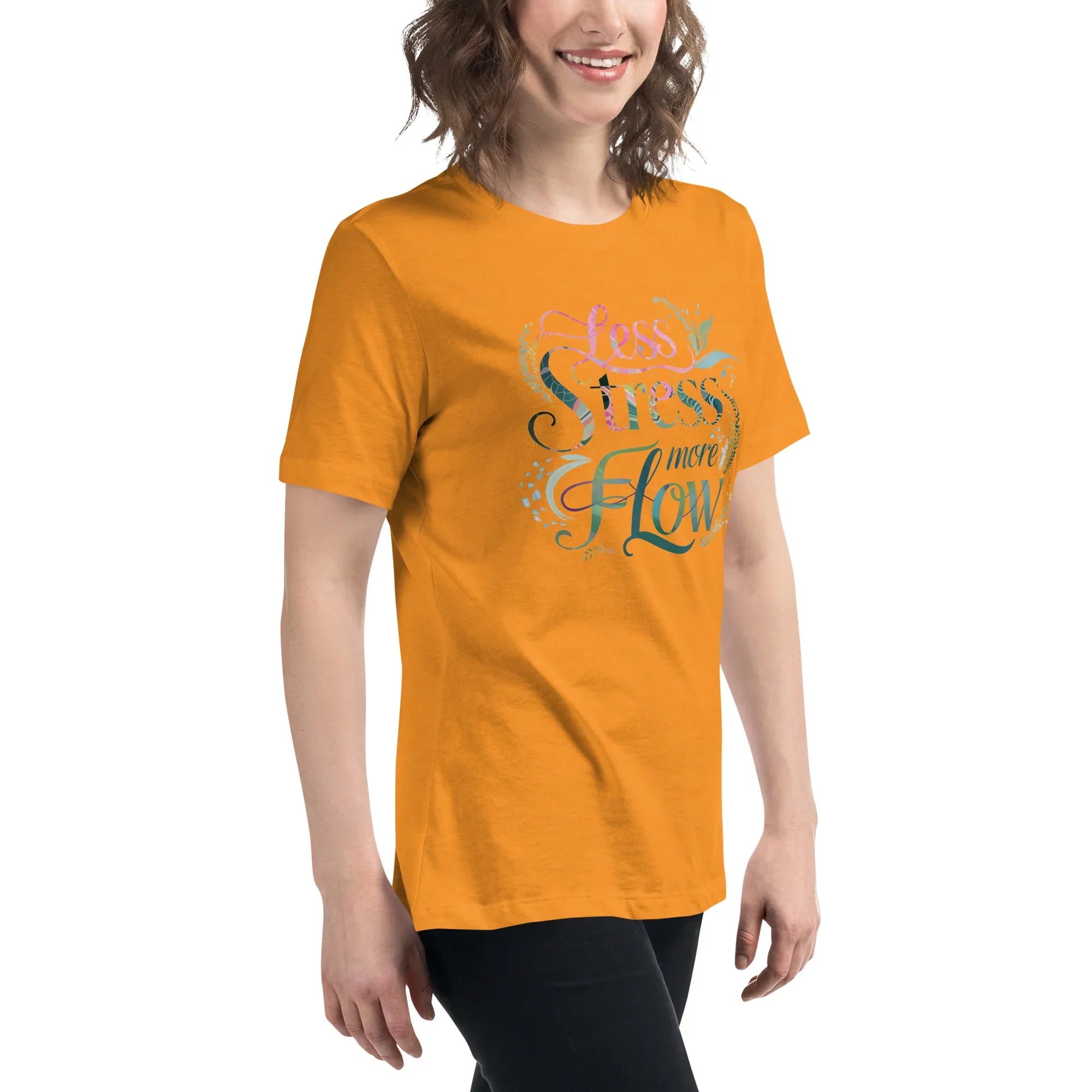 Women's Relaxed T-Shirt | Less Stress More Flow Women's t-shirt AwRans Clothing womens-relaxed-t-shirt-heather-marmalade-right-front-67a40c2116351