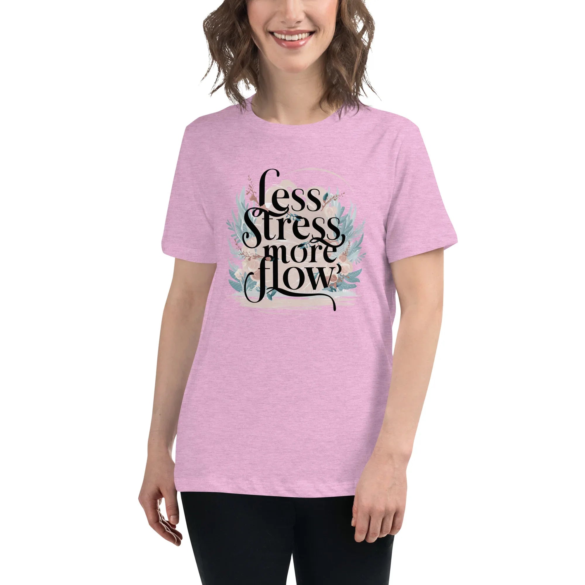Women's Relaxed T-Shirt | Less Stress More Flow Heather Prism Lilac Women's t-shirt AwRans Clothing womens-relaxed-t-shirt-heather-prism-lilac-front-67a40a8b37c96