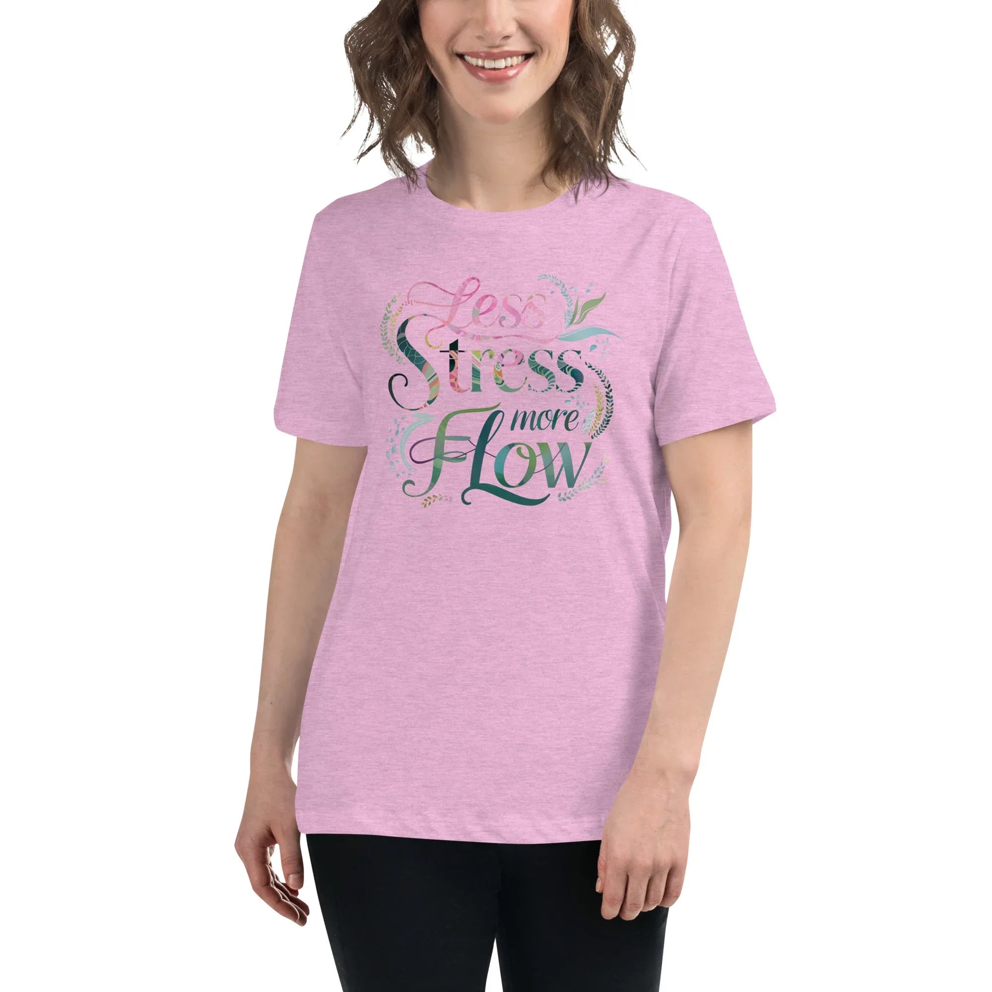 Women's Relaxed T-Shirt | Less Stress More Flow Heather Prism Lilac Women's t-shirt AwRans Clothing womens-relaxed-t-shirt-heather-prism-lilac-front-67a40c213cabc