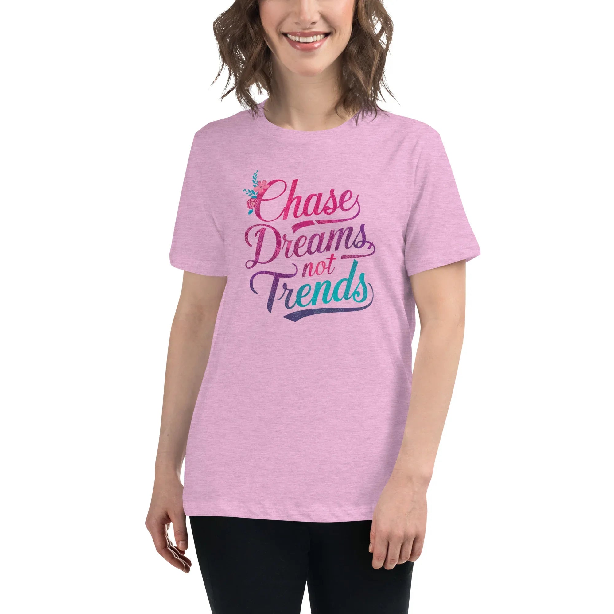 Women's Relaxed T-Shirt | Chase Dreams Not Trends Heather Prism Lilac Women's t-shirt AwRans Clothing womens-relaxed-t-shirt-heather-prism-lilac-front-67a40e004f2a5