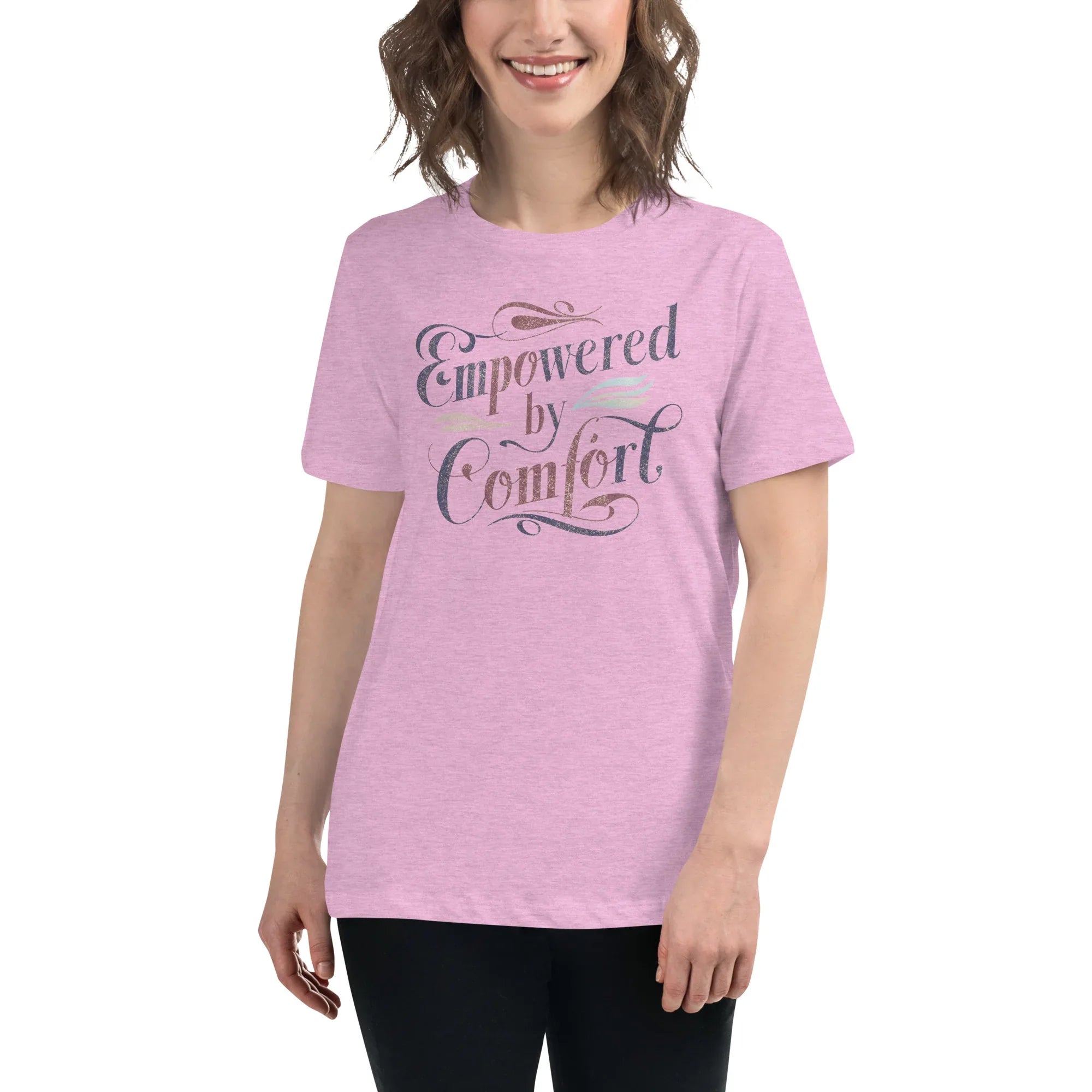 Women's Relaxed T-Shirt | Empowered By Comfort Heather Prism Lilac Women's t-shirt AwRans Clothing womens-relaxed-t-shirt-heather-prism-lilac-front-67a40e9db9632