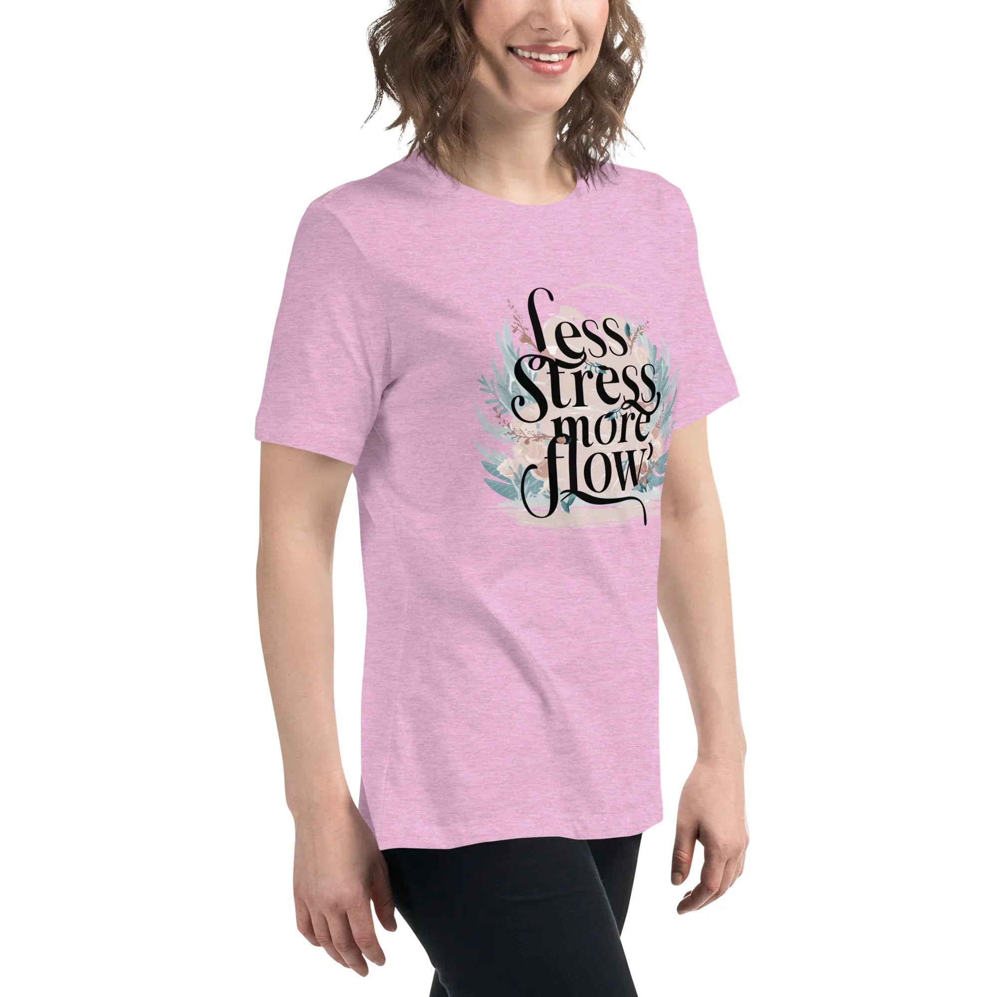 Women's Relaxed T-Shirt | Less Stress More Flow Women's t-shirt AwRans Clothing womens-relaxed-t-shirt-heather-prism-lilac-right-front-67a40a8b3dc32