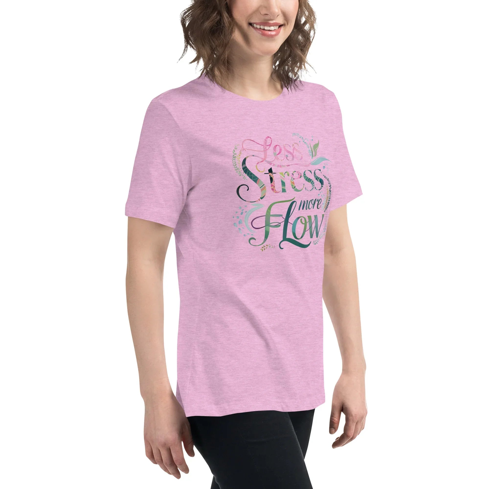 Women's Relaxed T-Shirt | Less Stress More Flow Women's t-shirt AwRans Clothing womens-relaxed-t-shirt-heather-prism-lilac-right-front-67a40c21409a2