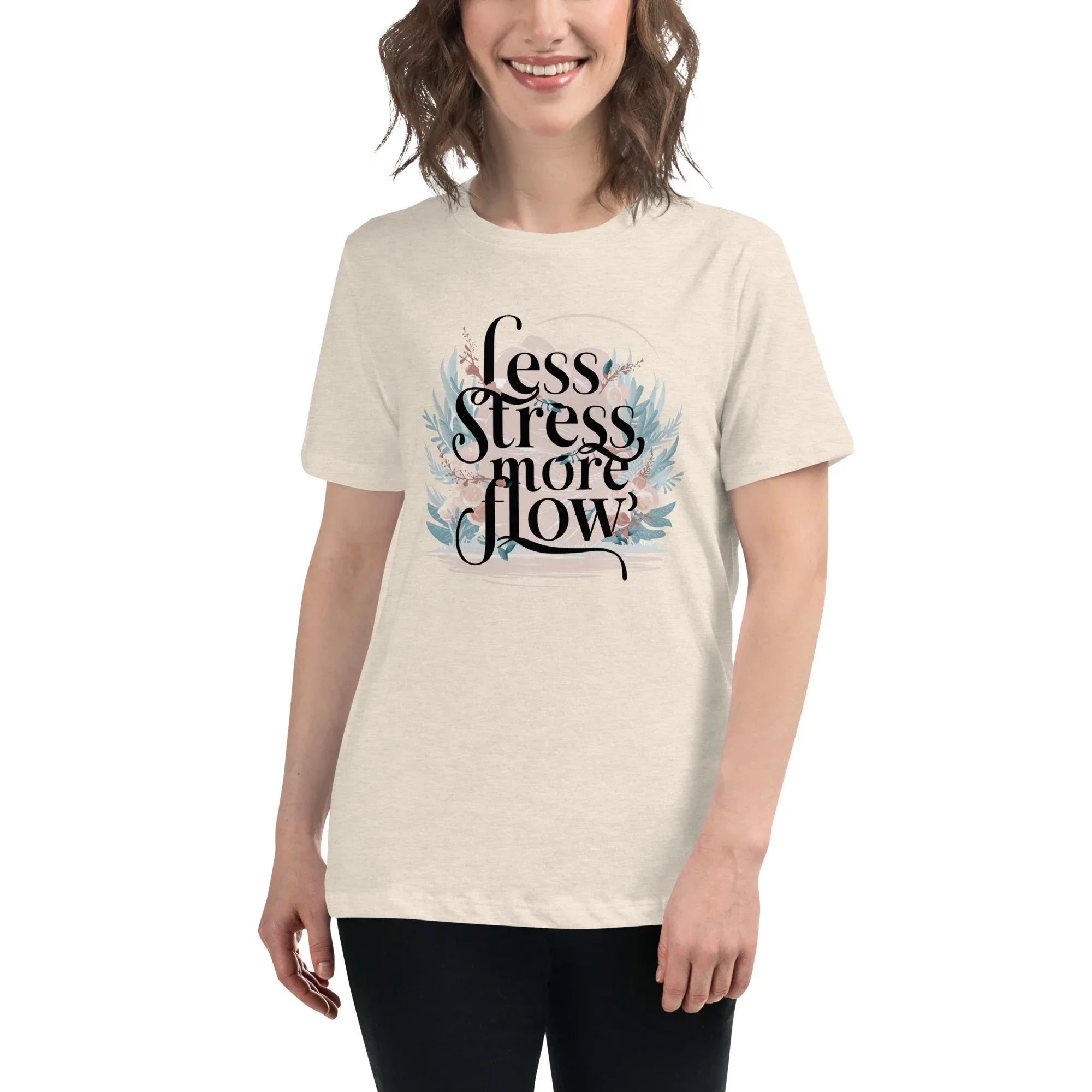 Women's Relaxed T-Shirt | Less Stress More Flow Heather Prism Natural Women's t-shirt AwRans Clothing womens-relaxed-t-shirt-heather-prism-natural-front-67a40a8b53398