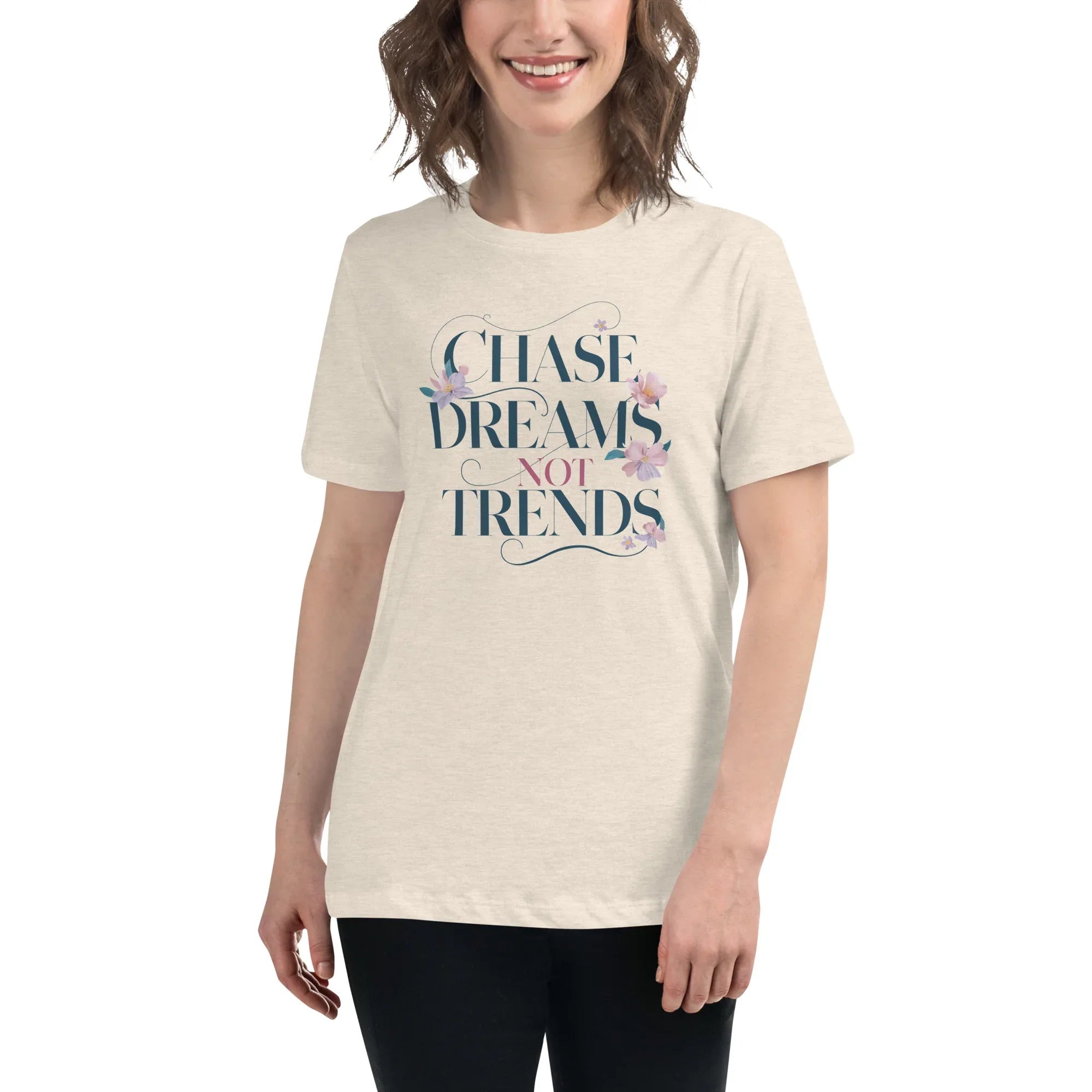 Women's Relaxed T-Shirt | Chase Dreams Not Trends Heather Prism Natural Women's t-shirt AwRans Clothing womens-relaxed-t-shirt-heather-prism-natural-front-67a40bf61f36d