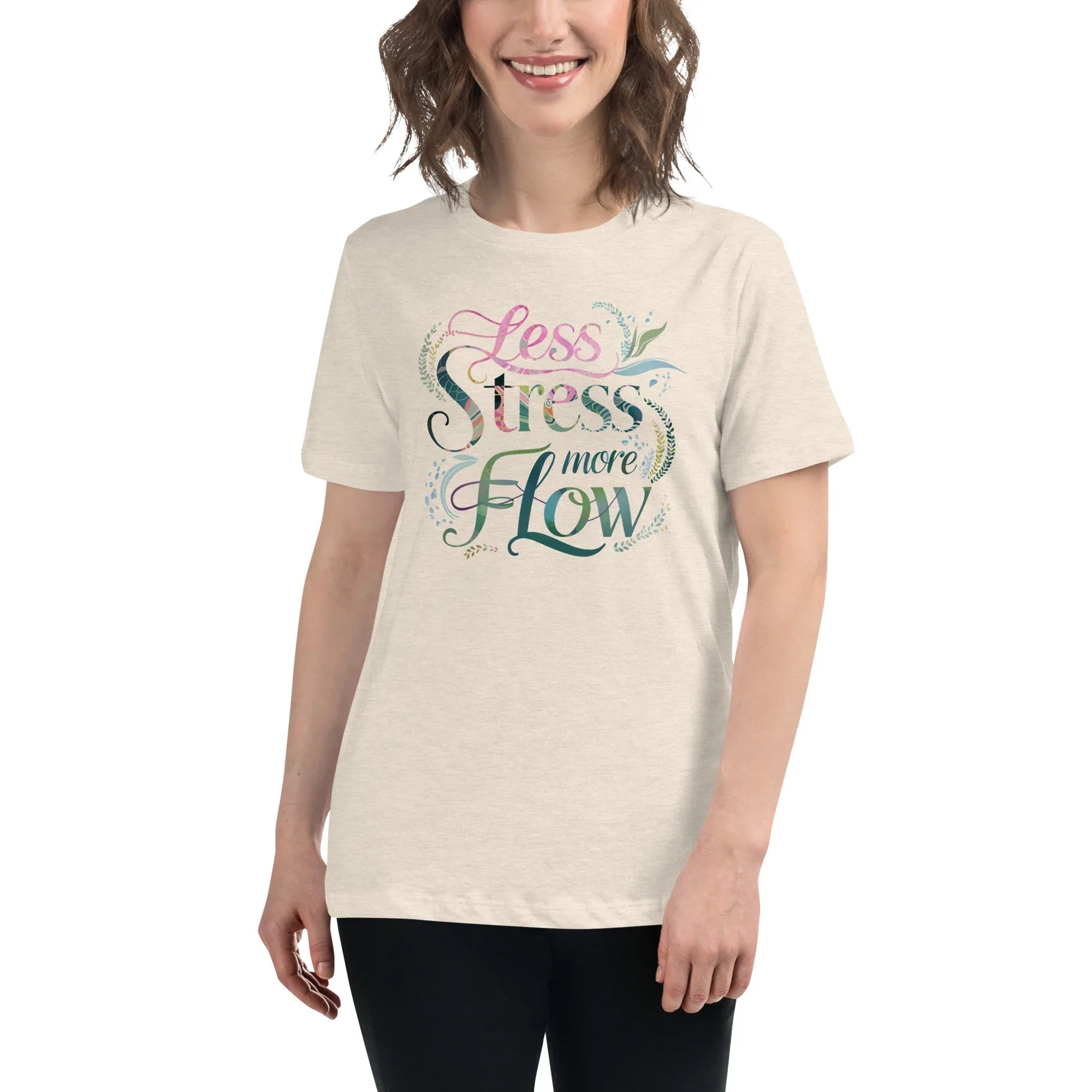 Women's Relaxed T-Shirt | Less Stress More Flow Heather Prism Natural Women's t-shirt AwRans Clothing womens-relaxed-t-shirt-heather-prism-natural-front-67a40c215db54