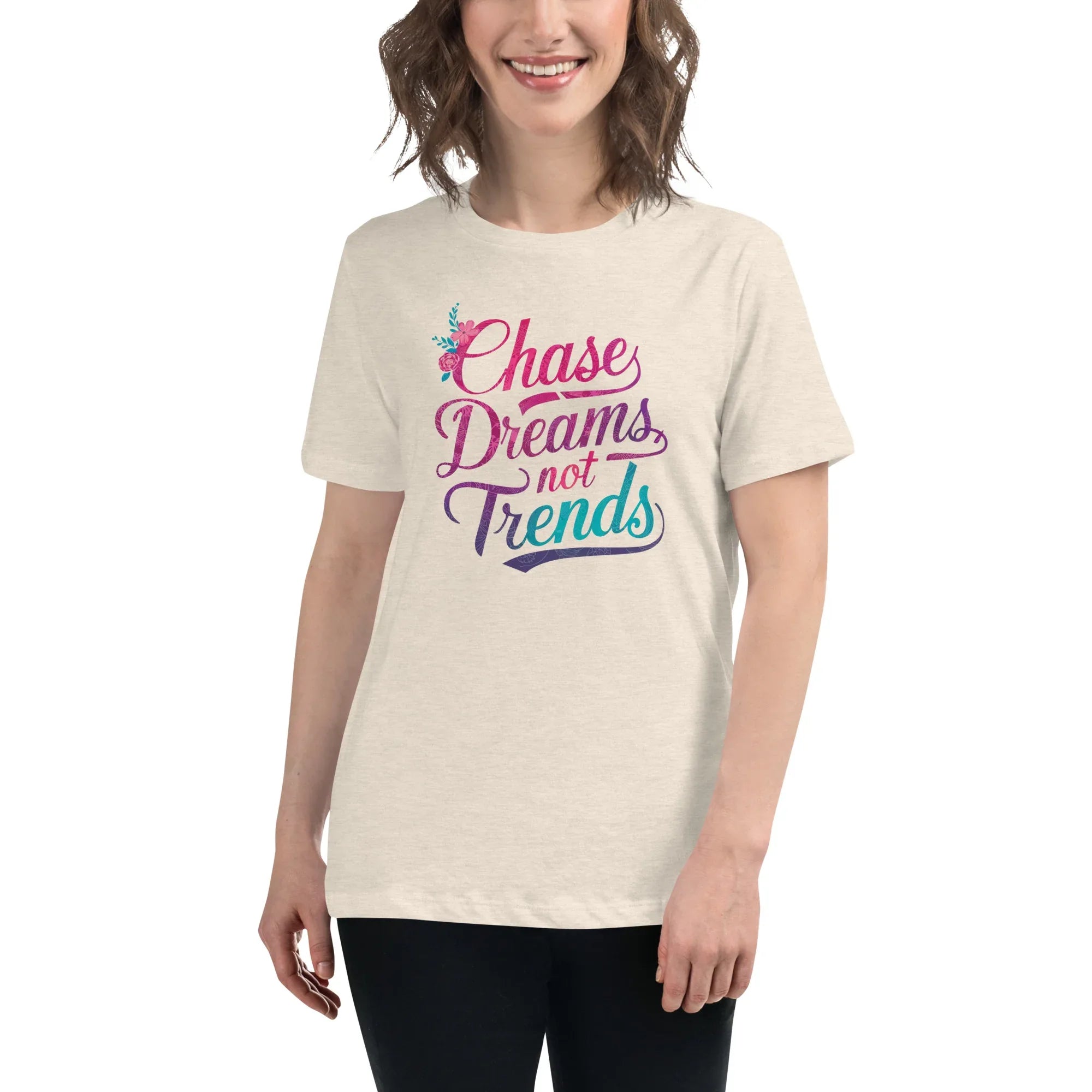 Women's Relaxed T-Shirt | Chase Dreams Not Trends Heather Prism Natural Women's t-shirt AwRans Clothing womens-relaxed-t-shirt-heather-prism-natural-front-67a40e0068a41