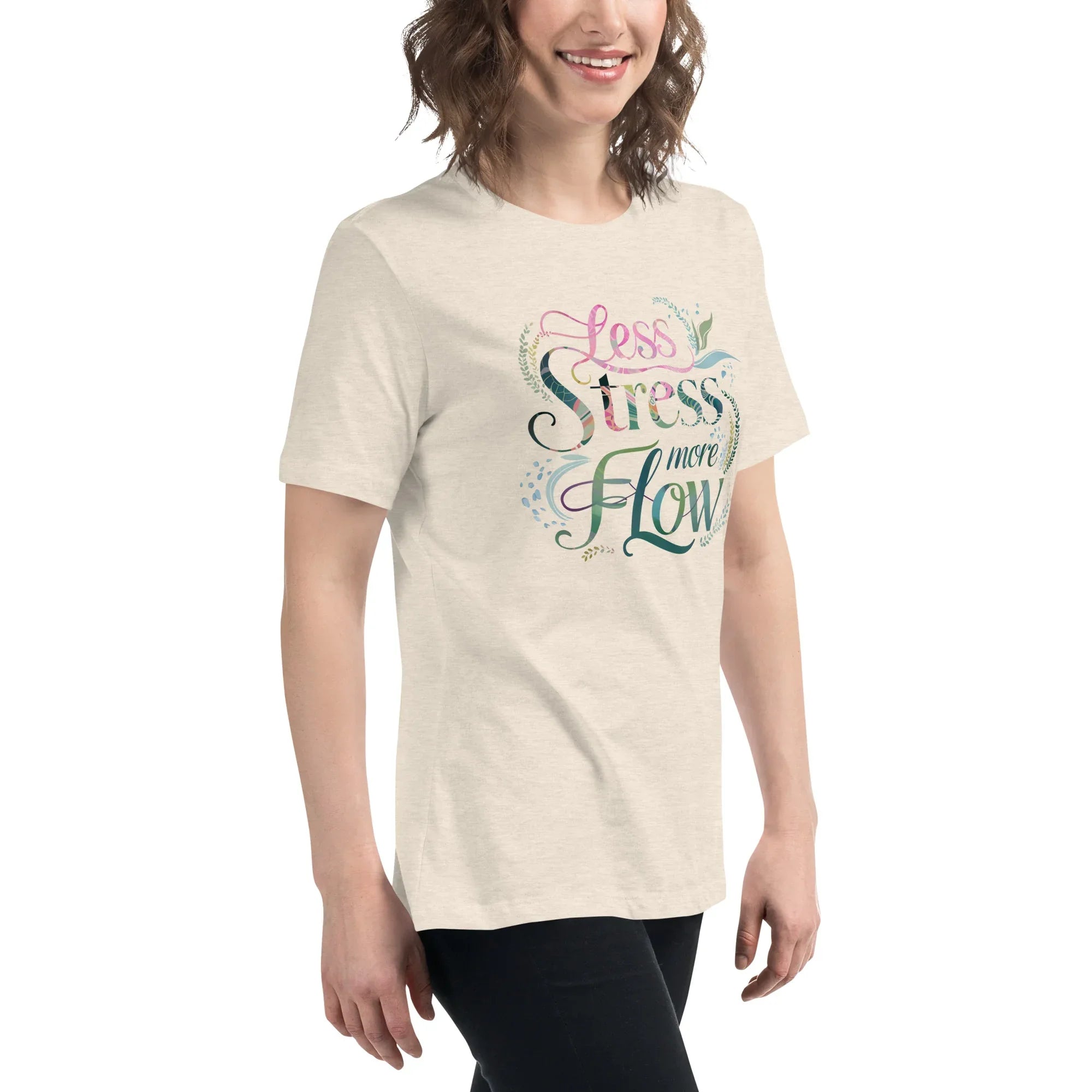 Women's Relaxed T-Shirt | Less Stress More Flow Women's t-shirt AwRans Clothing womens-relaxed-t-shirt-heather-prism-natural-right-front-67a40c2163864