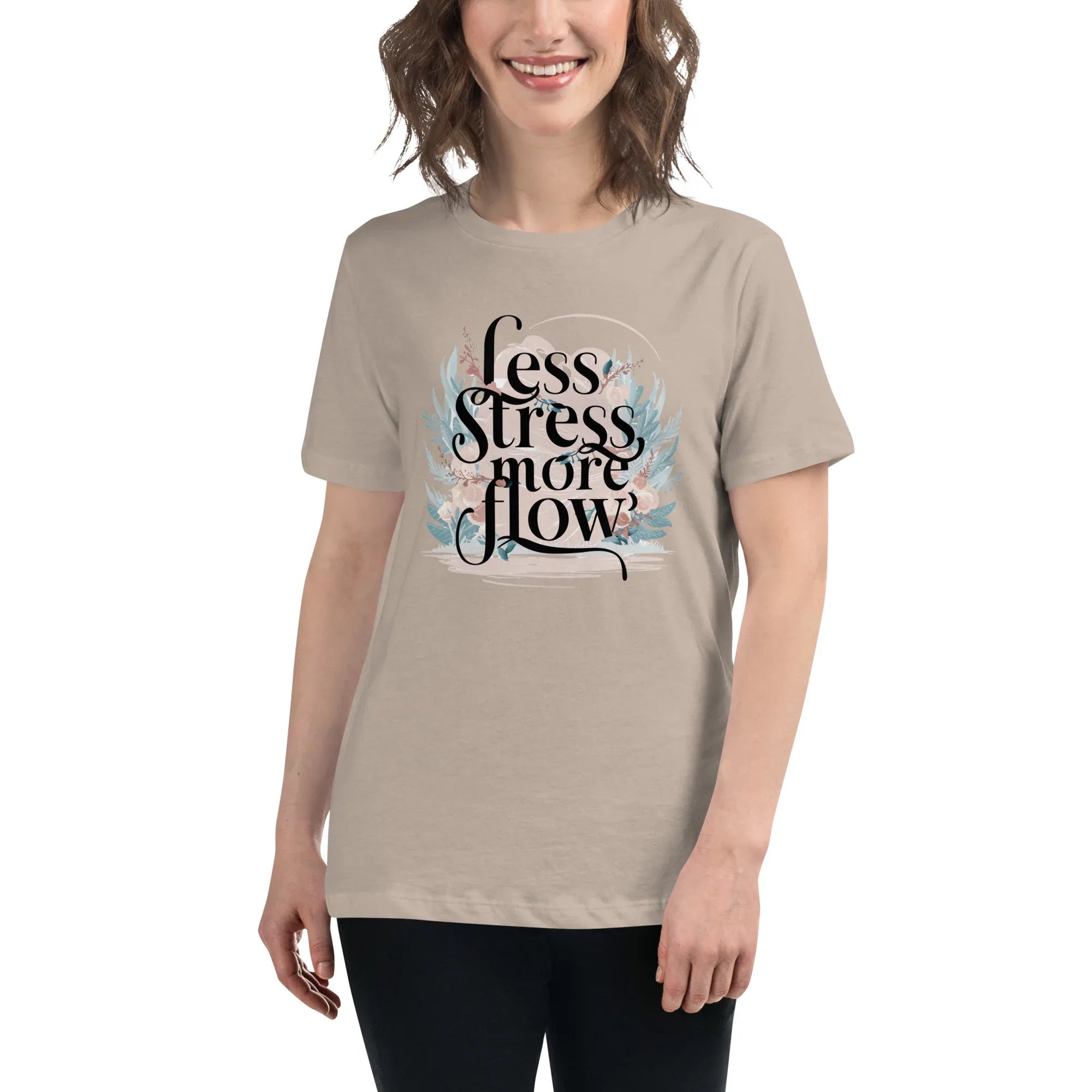 Women's Relaxed T-Shirt | Less Stress More Flow Heather Stone Women's t-shirt AwRans Clothing womens-relaxed-t-shirt-heather-stone-front-67a40a8b28ca4