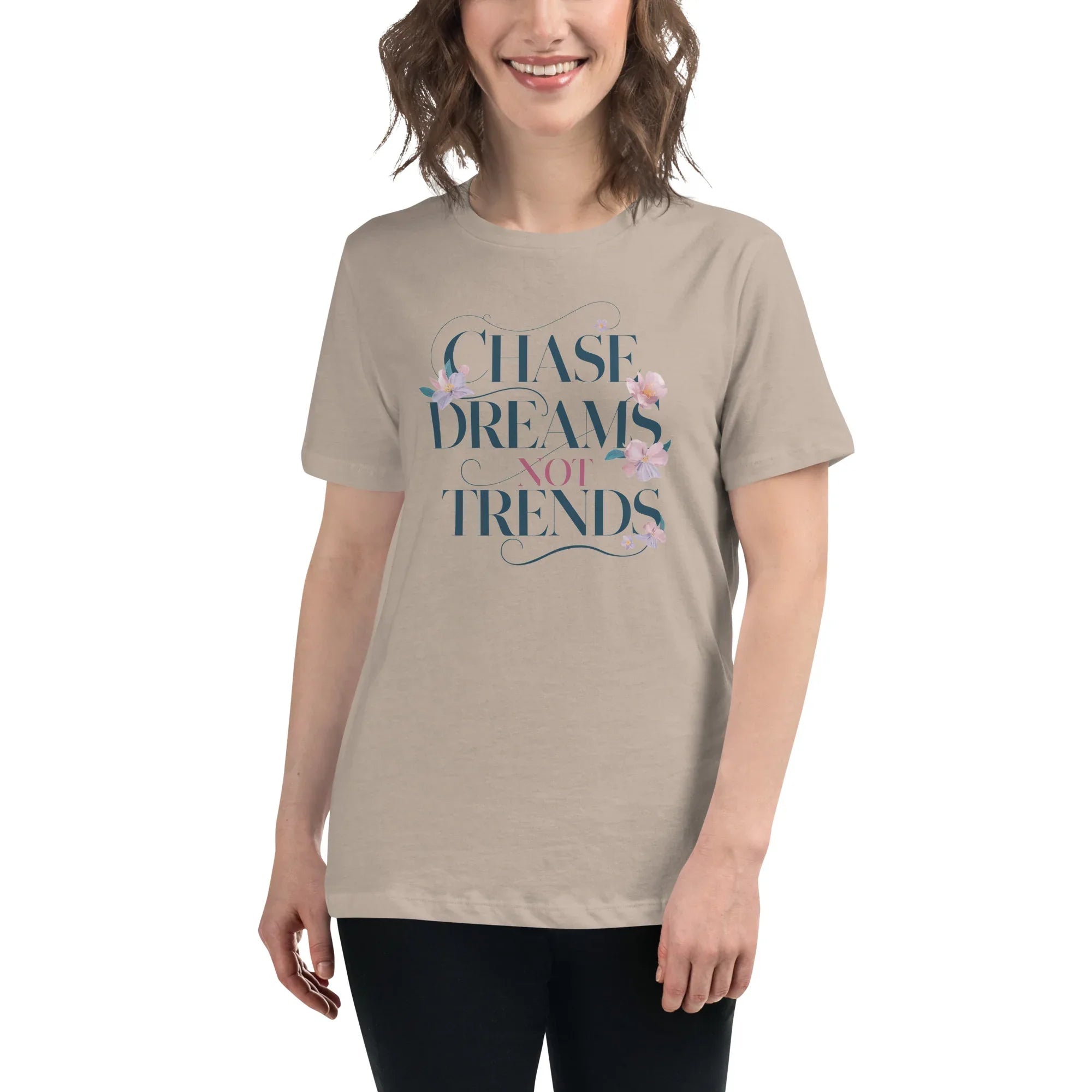 Women's Relaxed T-Shirt | Chase Dreams Not Trends Heather Stone Women's t-shirt AwRans Clothing womens-relaxed-t-shirt-heather-stone-front-67a40bf5ee7a7