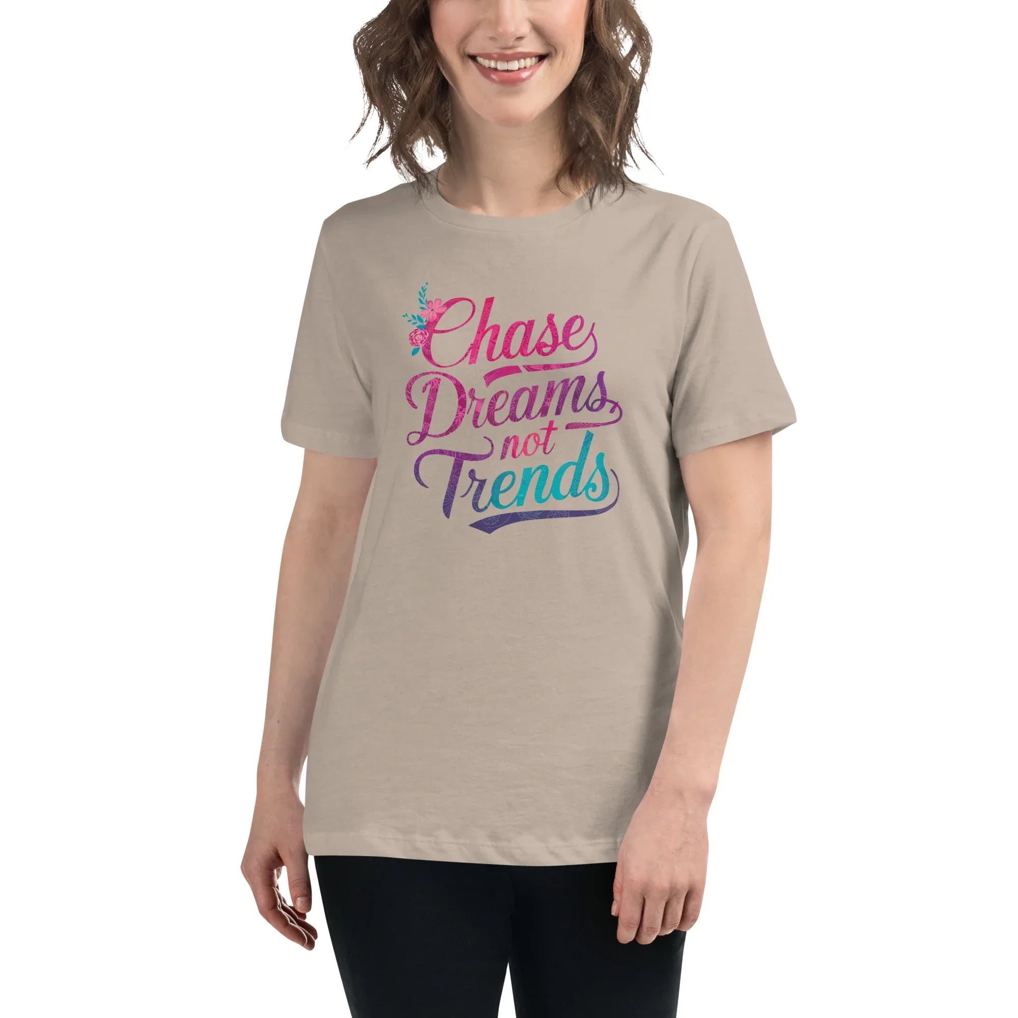 Women's Relaxed T-Shirt | Chase Dreams Not Trends Heather Stone Women's t-shirt AwRans Clothing womens-relaxed-t-shirt-heather-stone-front-67a40e004243a