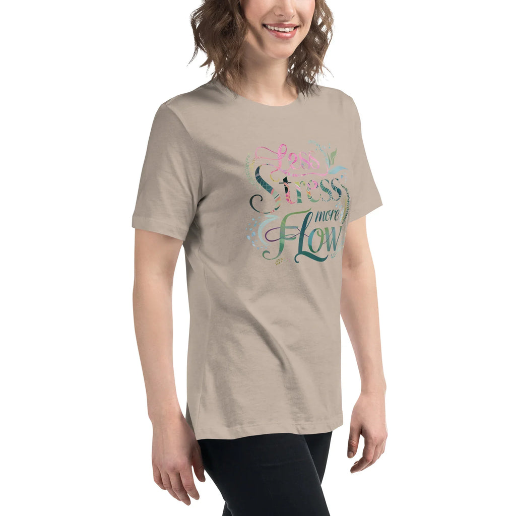 Women's Relaxed T-Shirt | Less Stress More Flow Women's t-shirt AwRans Clothing womens-relaxed-t-shirt-heather-stone-right-front-67a40c2133082