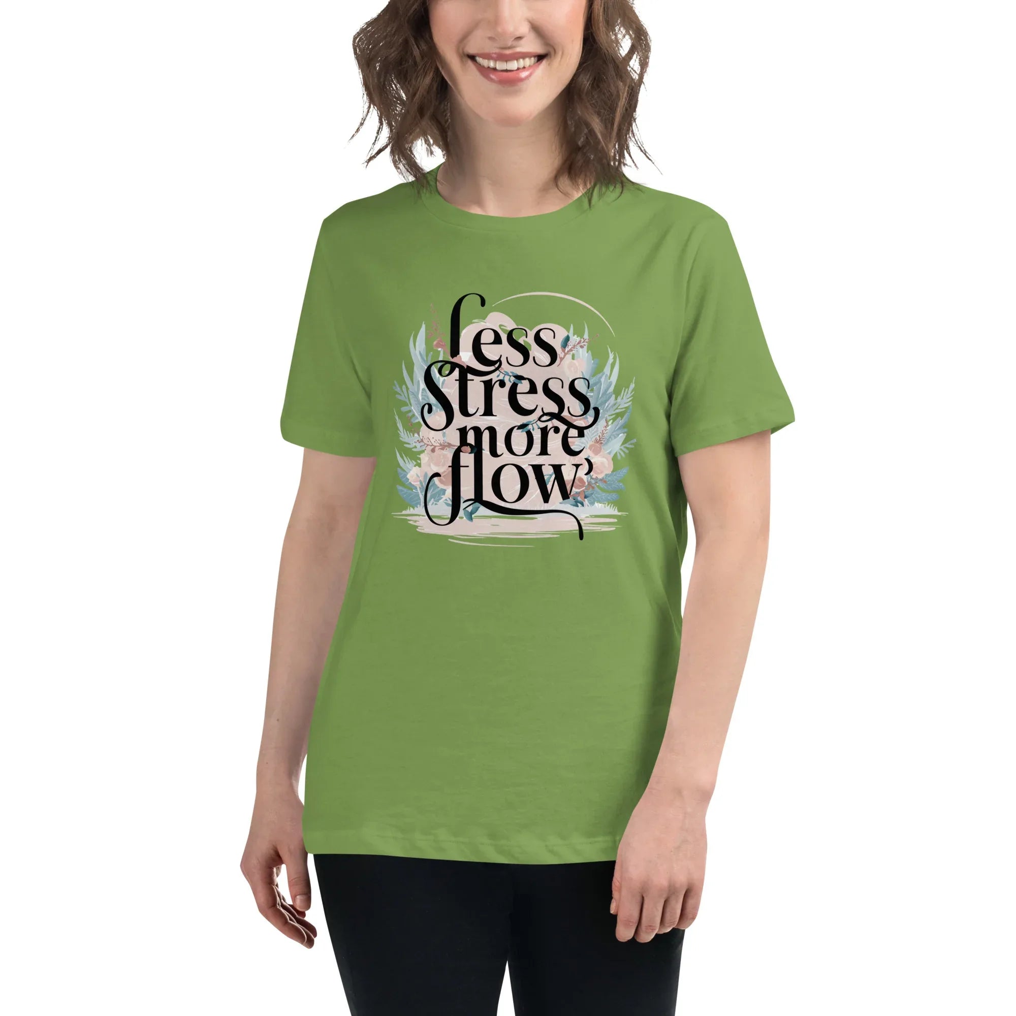 Women's Relaxed T-Shirt | Less Stress More Flow Leaf Women's t-shirt AwRans Clothing womens-relaxed-t-shirt-leaf-front-67a40a8af046a