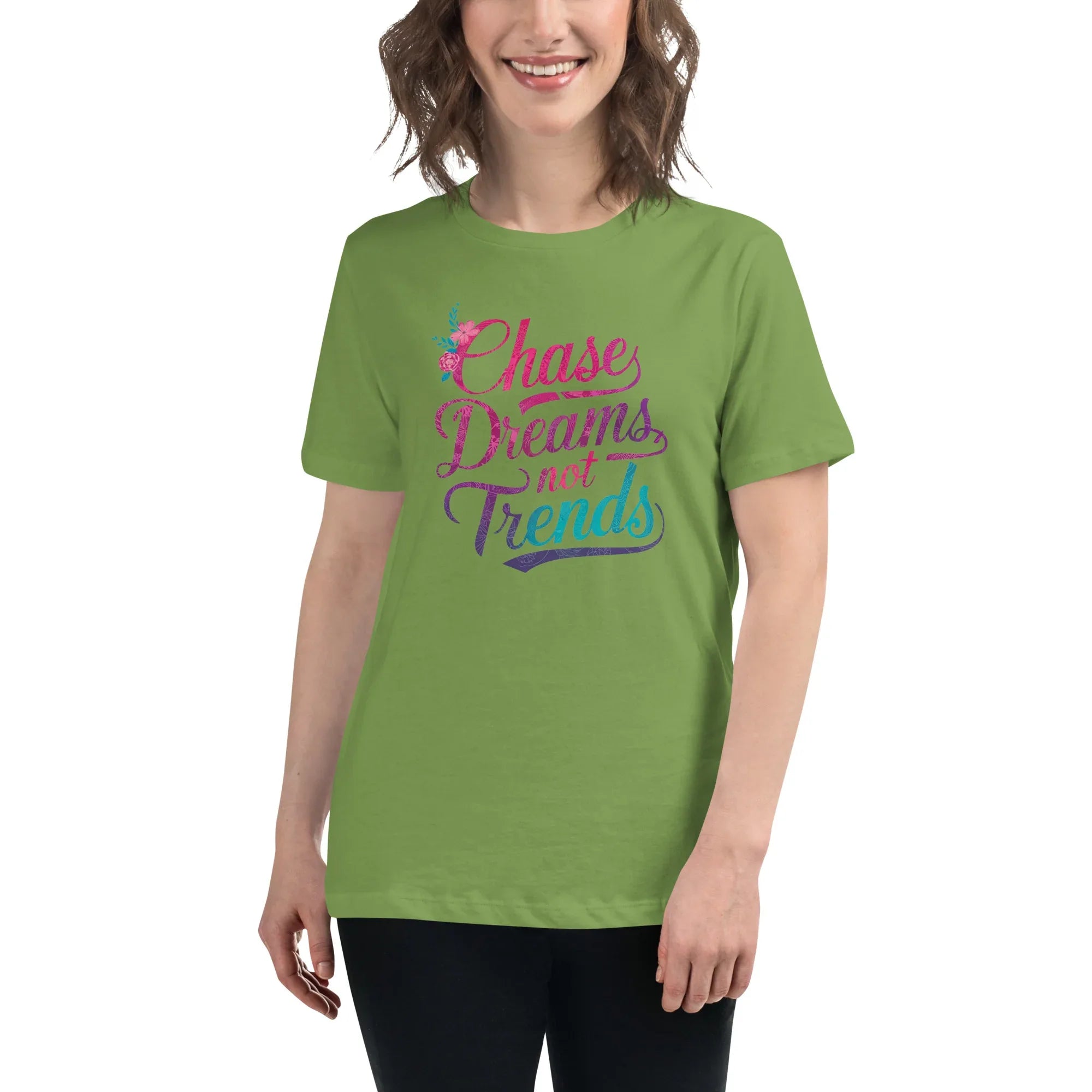 Women's Relaxed T-Shirt | Chase Dreams Not Trends Leaf Women's t-shirt AwRans Clothing womens-relaxed-t-shirt-leaf-front-67a40e0019d90