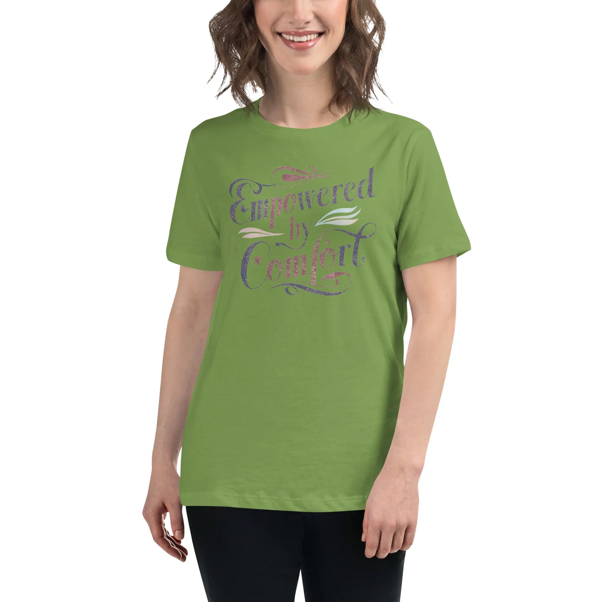 Women's Relaxed T-Shirt | Empowered By Comfort Leaf Women's t-shirt AwRans Clothing womens-relaxed-t-shirt-leaf-front-67a40e9d83ae9