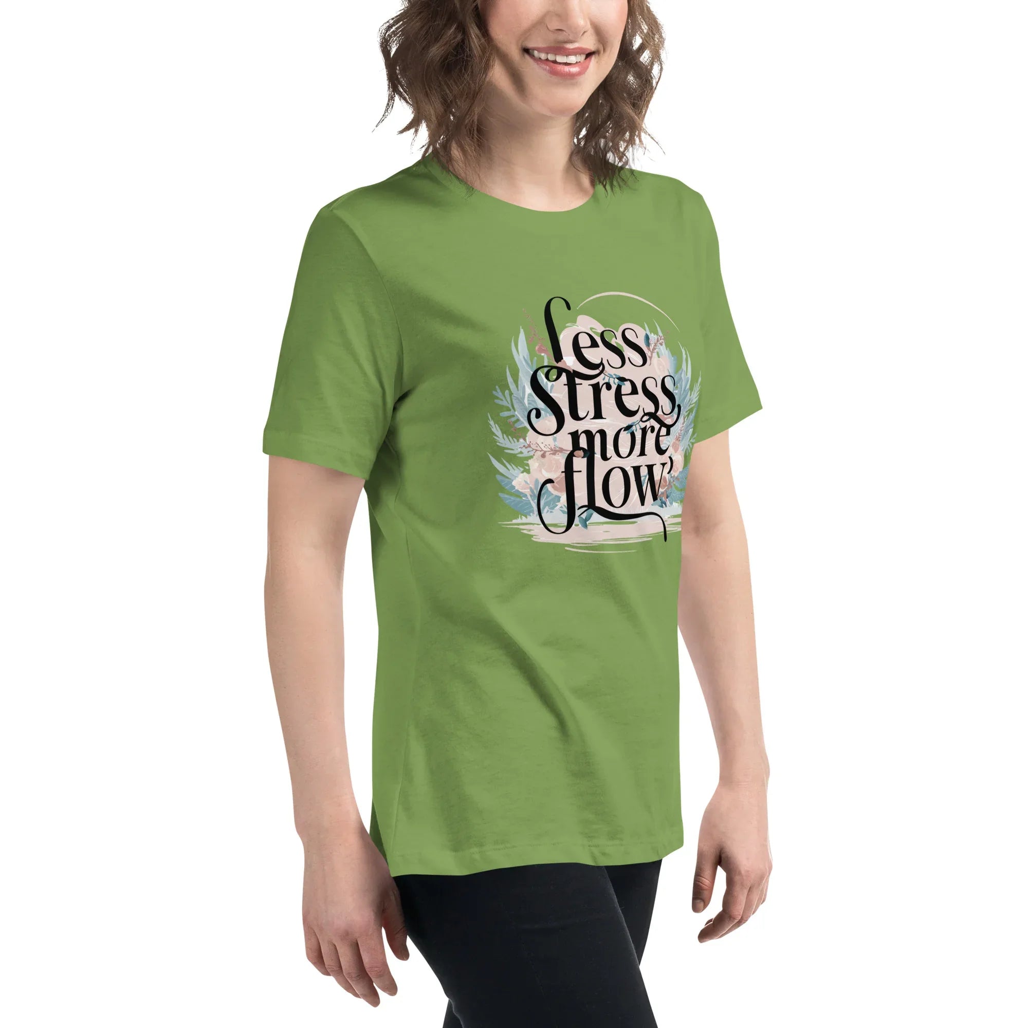 Women's Relaxed T-Shirt | Less Stress More Flow Women's t-shirt AwRans Clothing womens-relaxed-t-shirt-leaf-right-front-67a40a8af389a