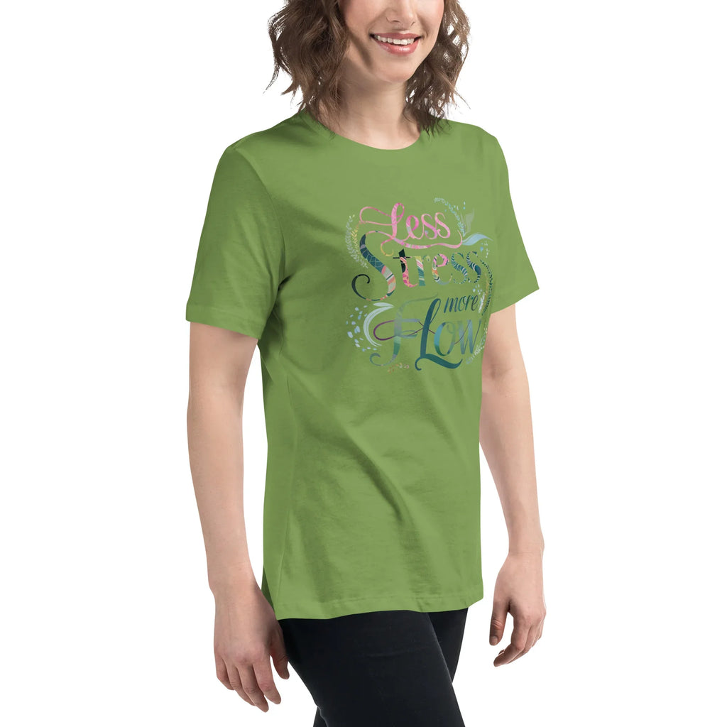 Women's Relaxed T-Shirt | Less Stress More Flow Women's t-shirt AwRans Clothing womens-relaxed-t-shirt-leaf-right-front-67a40c210e043