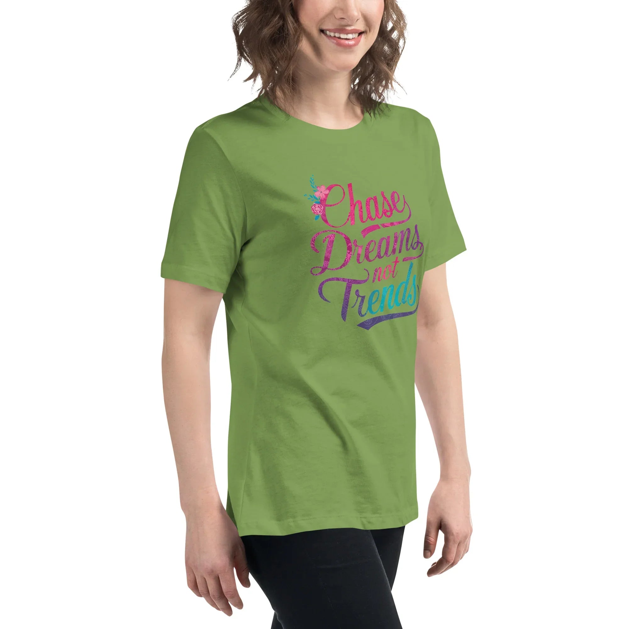 Women's Relaxed T-Shirt | Chase Dreams Not Trends Women's t-shirt AwRans Clothing womens-relaxed-t-shirt-leaf-right-front-67a40e001c3d1